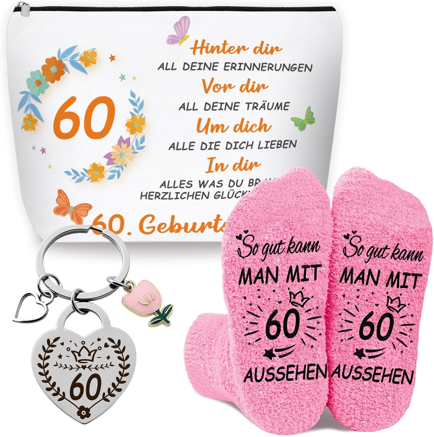 Detalle de WAMIOKAGRO Geschenk-Set zum 60. Geburtstag für Frauen: Kosmetiktasche, Socken & Schlüsselanhänger