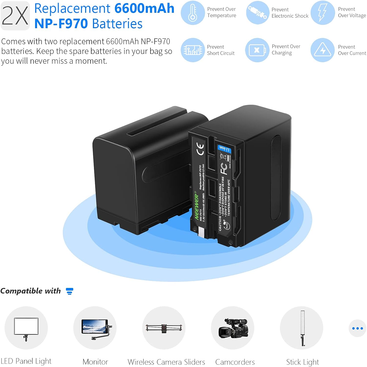Detalle de NEEWER Dual-USB-Ladegerät für NP-F970 (mit 2× 6600 mAh Ersatzakkus) – Schnellladen für Sony NP-F Serie