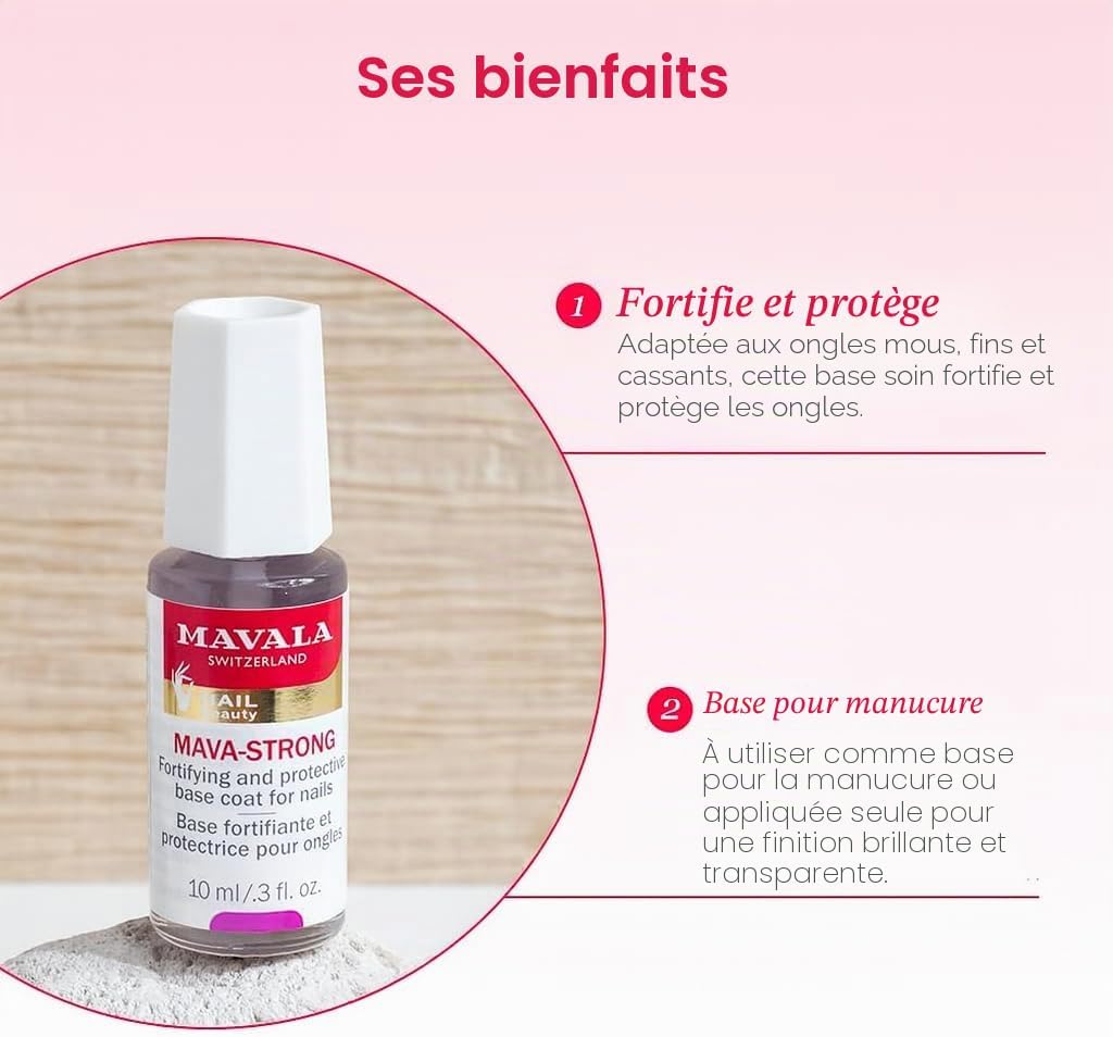 Detalle 2 de Mavala Base Fortifiante et Protectrice Mava-Strong pour Ongles Fins, Mous, Cassants – Vernis Fortifiant Incolore 10 ml