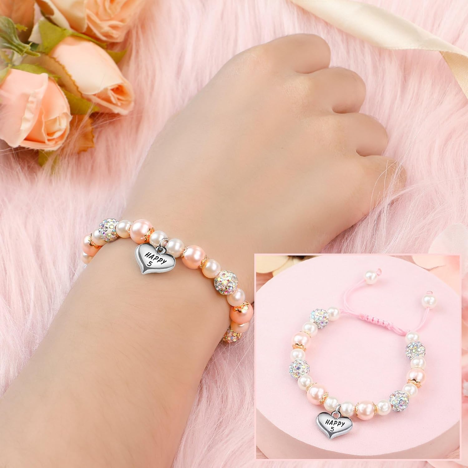 Detalle de Sereney Beaded Birthday Bracelet for Girls – Adjustable Pink & White Pearl with Cross Pendant