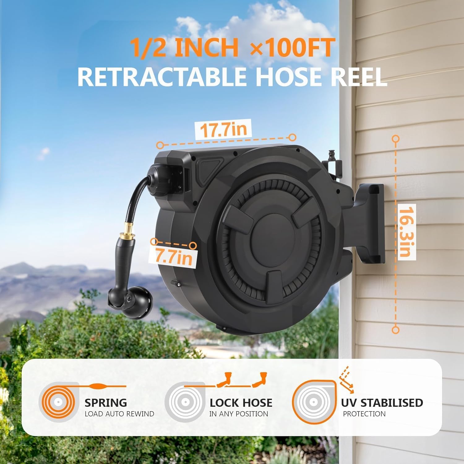 Detalle de wikiwiki WK-JGQ01 Retractable Garden Hose Reel, 1/2 in x 100 ft