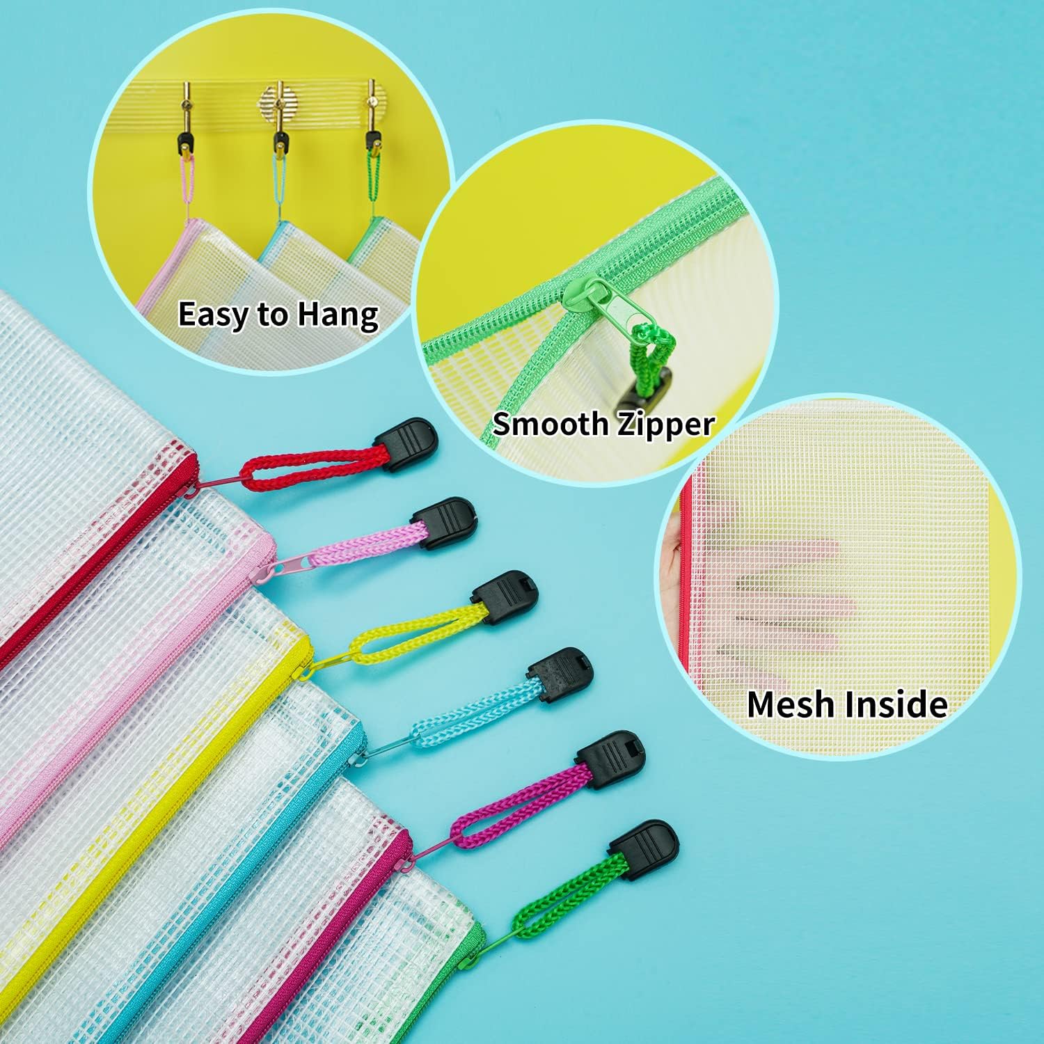 Detalle de A5 Plastic Zip Wallets - 12PCS A5 Zip Lock Bags Plastic Document Folders Zipper File Bags Waterproof Mesh Zipper Pouch for School Office Supplies, Receipts, Household Bills, Cosmetics Travel Storage