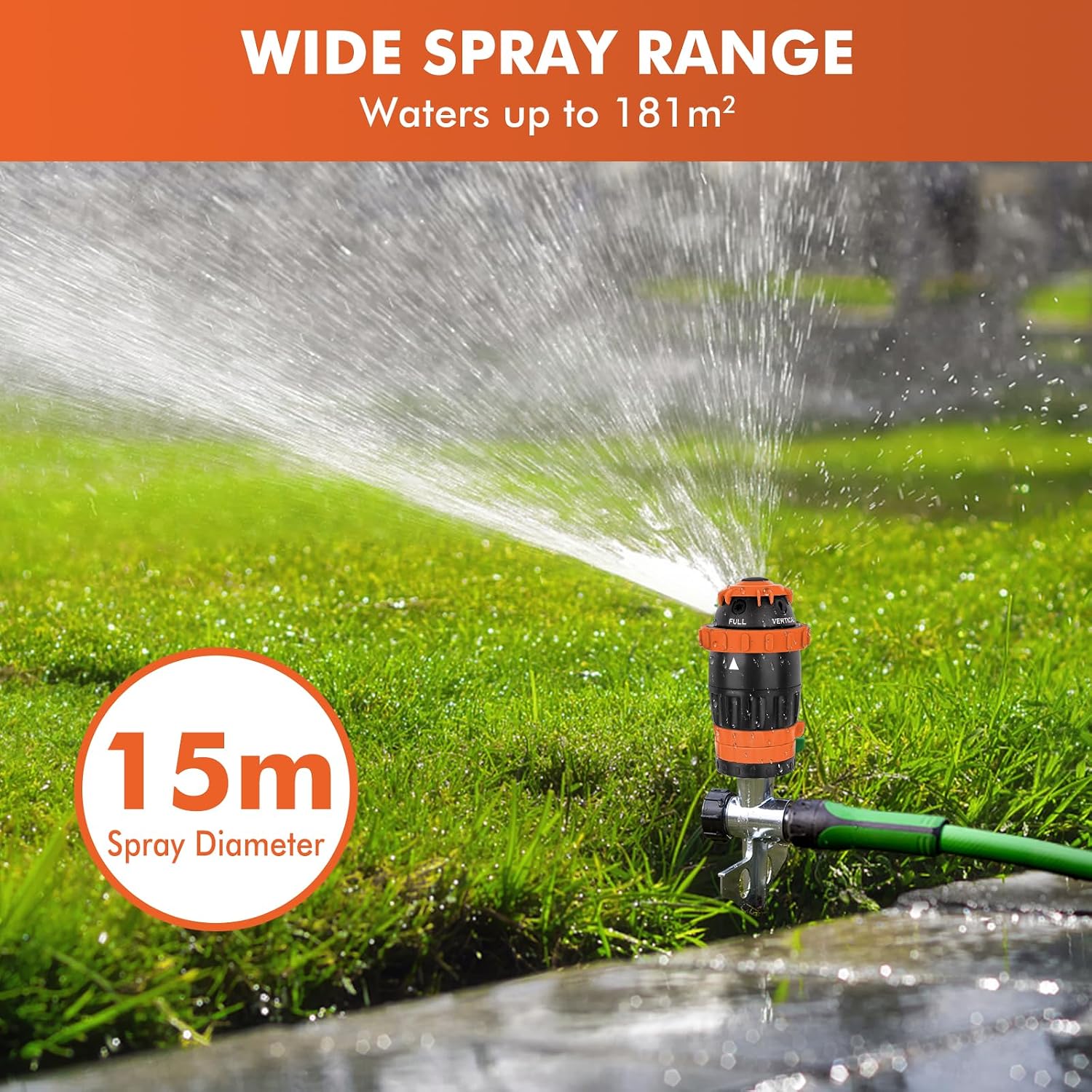 Detalle de RESTMO Gear Drive Sprinkler with Metal Spike Base – 5-Pattern Heavy Duty Garden Sprinkler (Orange)