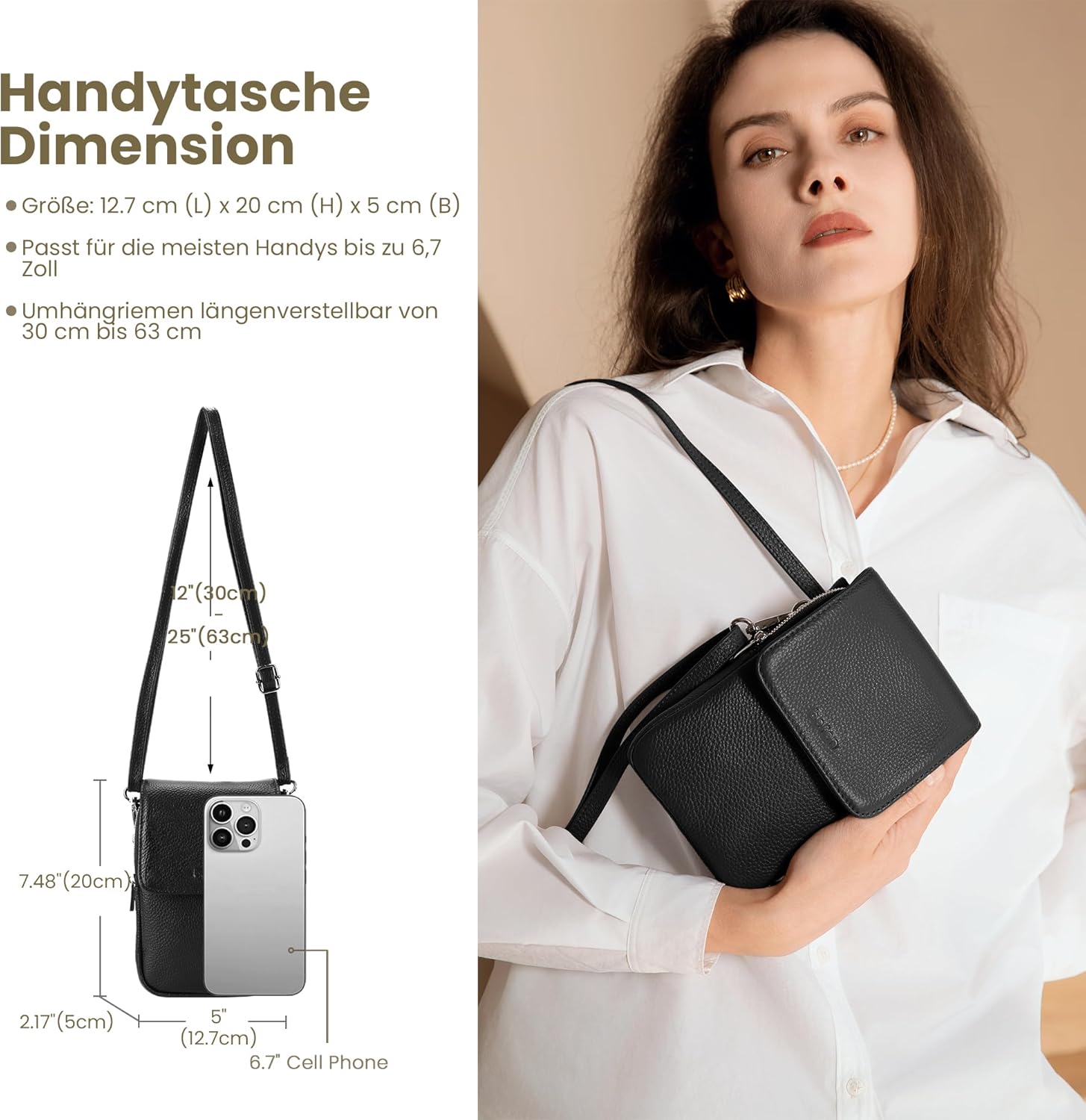 Detalle de befen Echtleder Handytasche zum Unhängen Damen mit RFID-Blockierung – Klein, flexibel und sicher