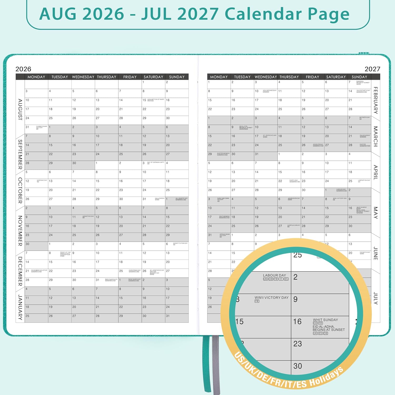 Thumbnail 4 de Academic Diary 2026-2027: Day‑per‑page A5 Diary with 180° flat opening, Green faux leather cover