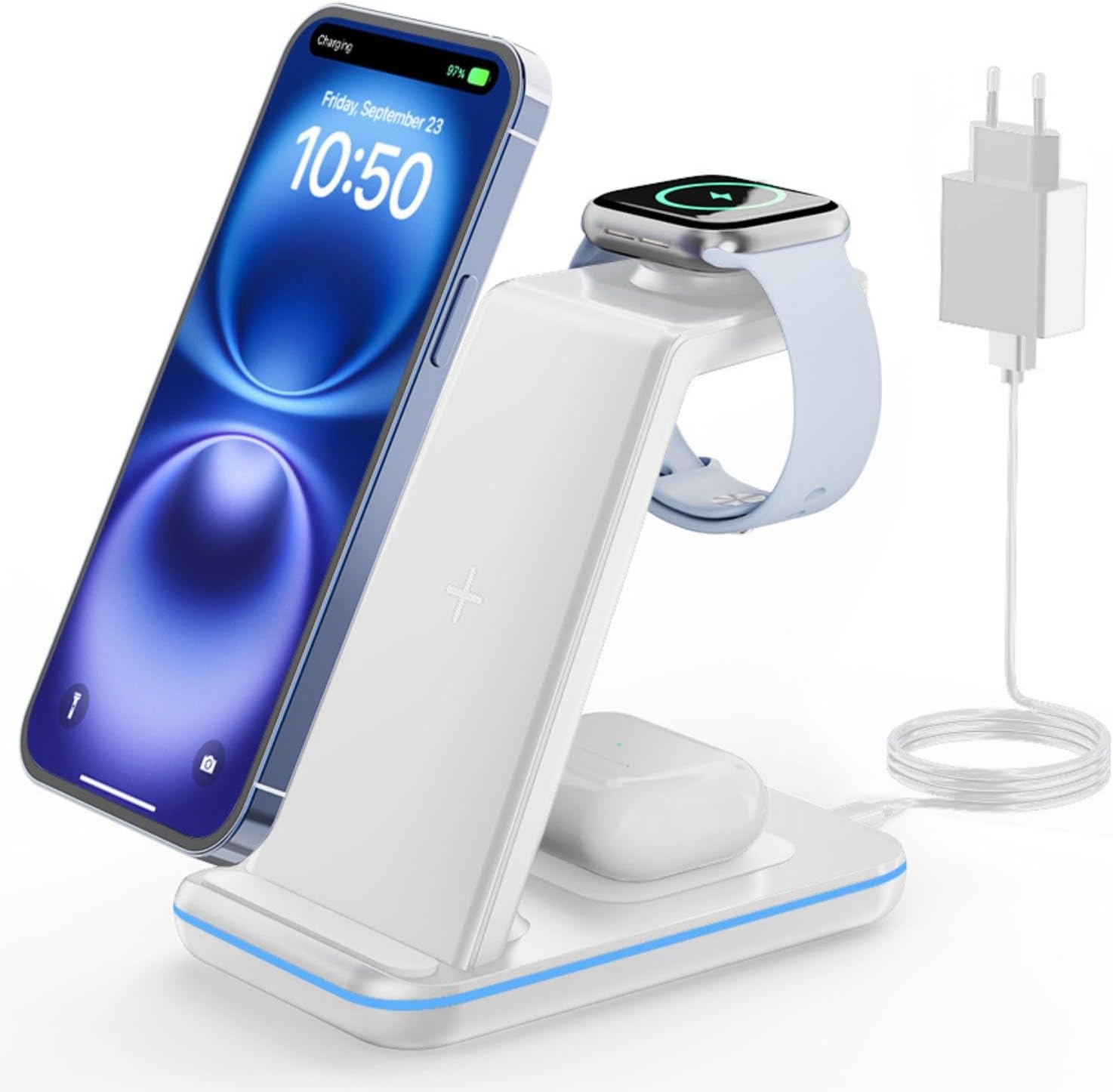Detalle de GEEKERA 3-in-1 Wireless Charger – Induktive Ladestation für iPhone, Apple Watch und AirPods (Weiß)
