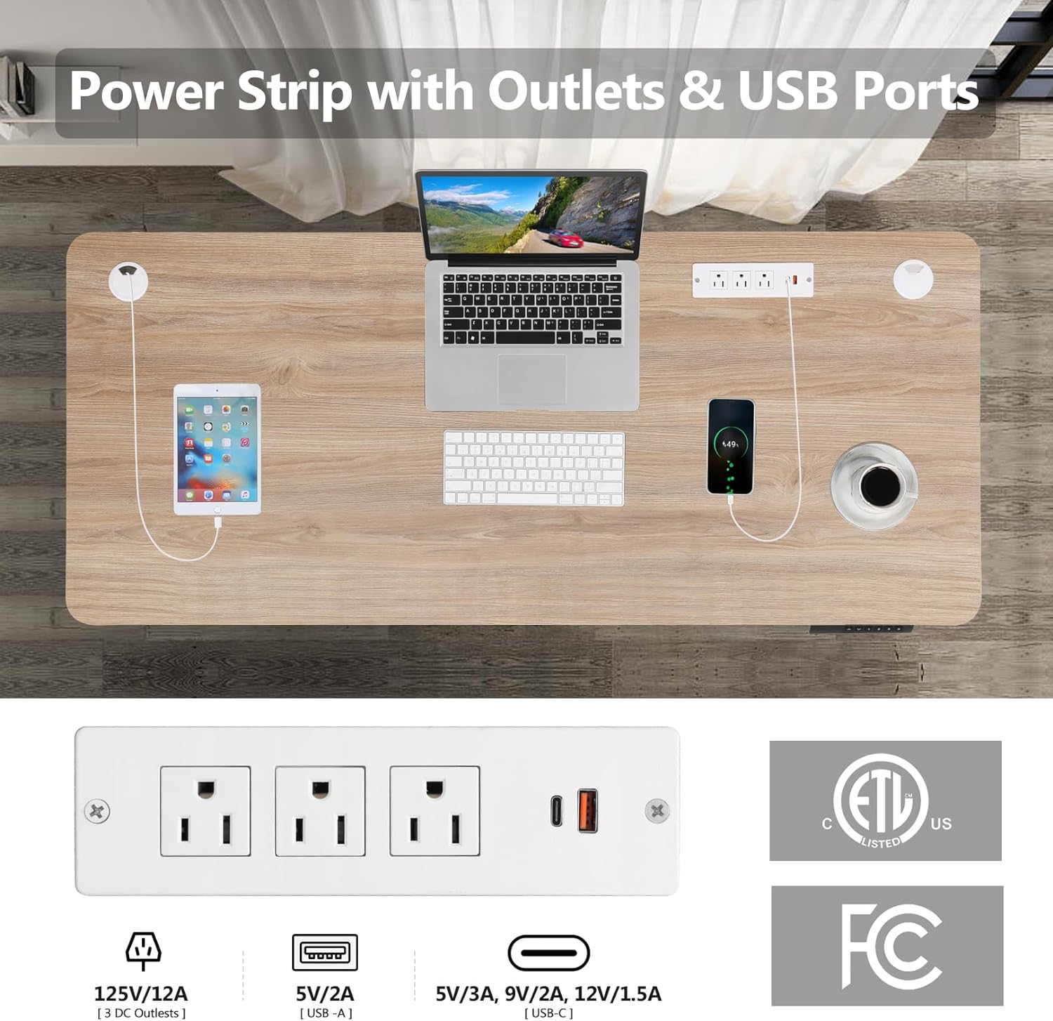 Detalle 1 de KORGOL AMG Electric Standing Desk, 55" x 24", Oak, Outlets & 4 Presets