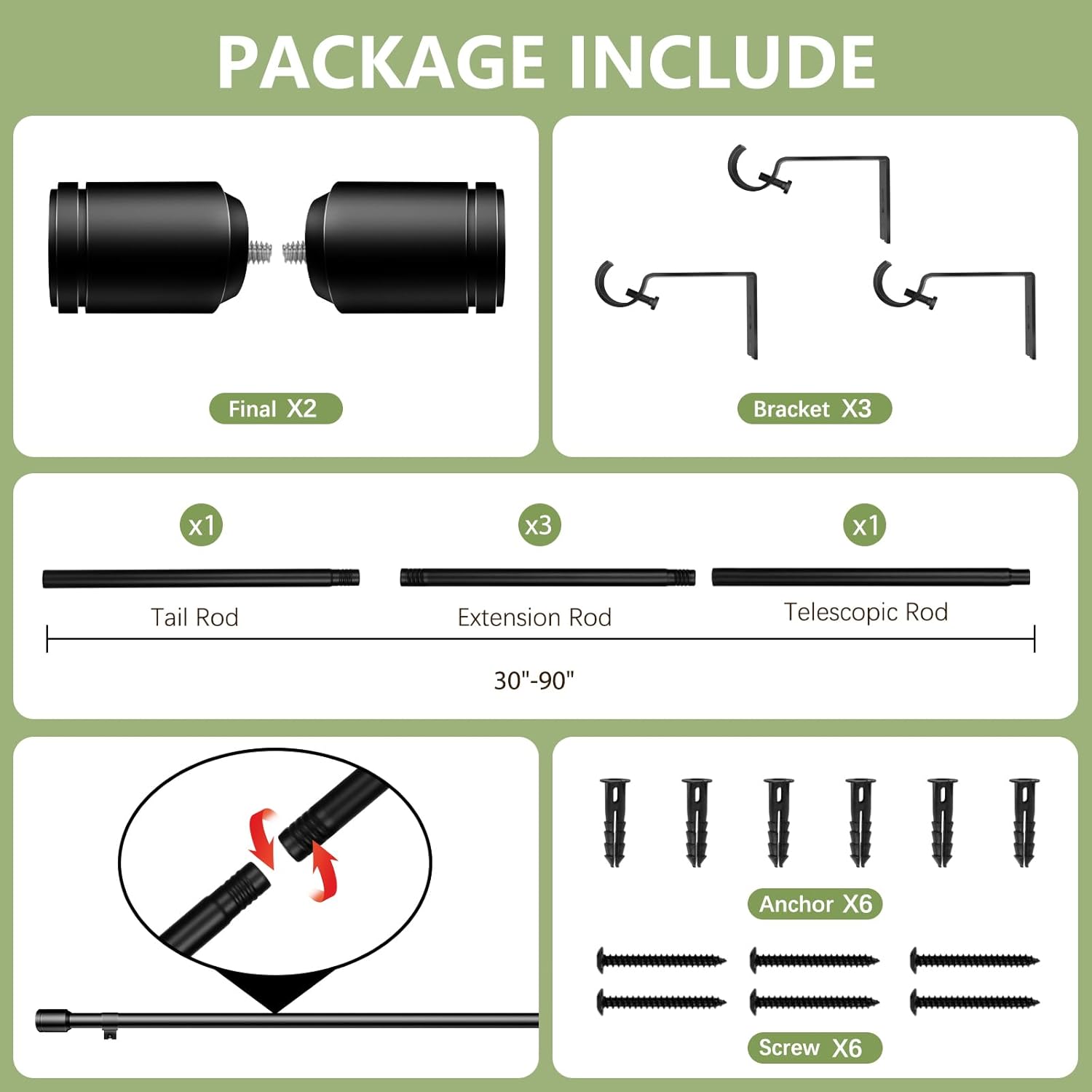 Detalle 1 de 5/8โ Diameter 30โ90 Inch Adjustable Curtain Rods ๐ช