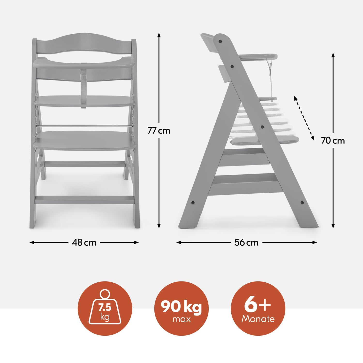 Detalle de hauck Alpha+ Grey – Mitwachsender Holzhochstuhl aus Buche, bis 90 kg, inkl. 5-Punkt-Gurt und Zubehör