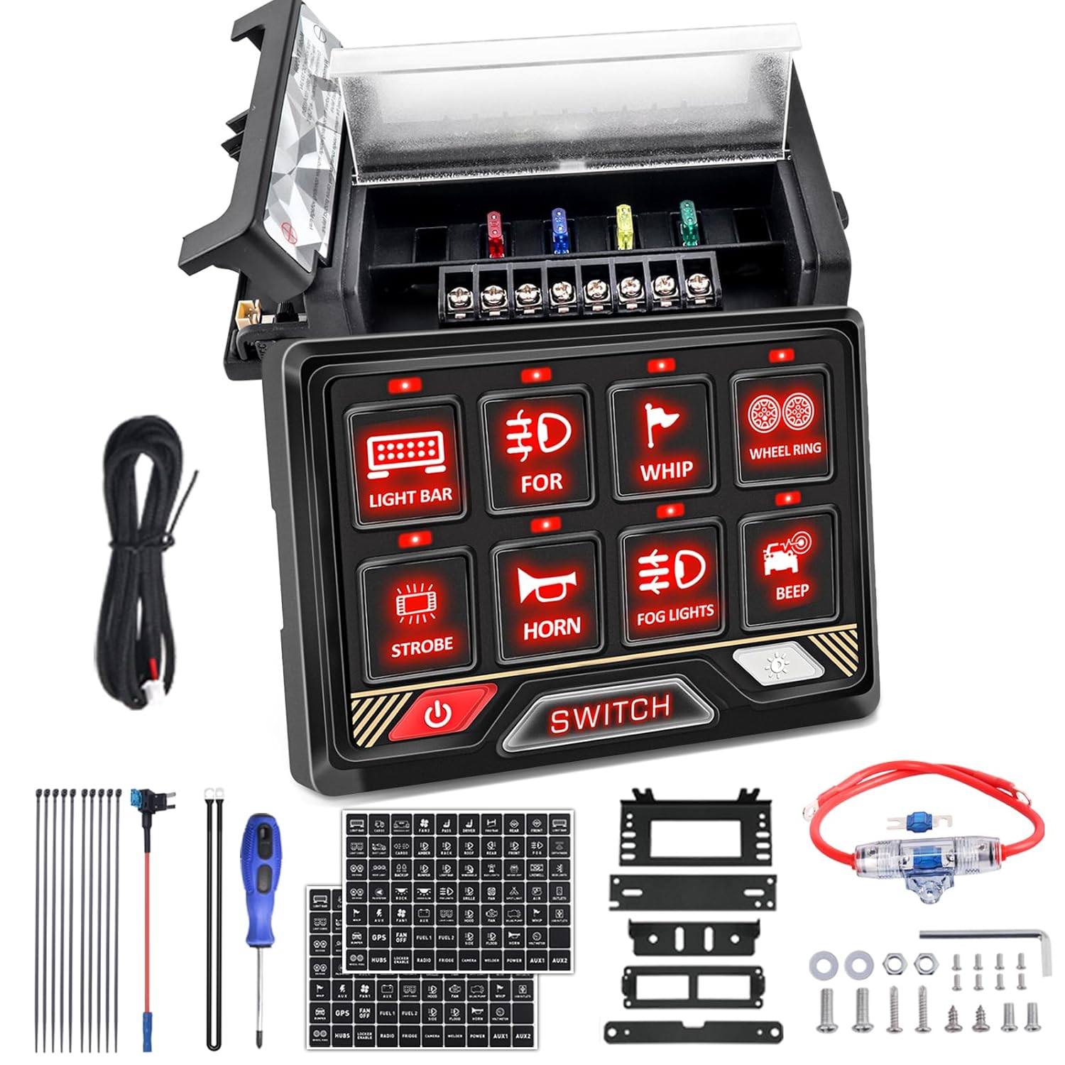Chelhead Schalttafel-Set 12 V/24 V mit RGB-Taste, Touch-Steuerung und 8 Schaltboxen (kurzzeitig dimmbare Stroboskopfunktion)