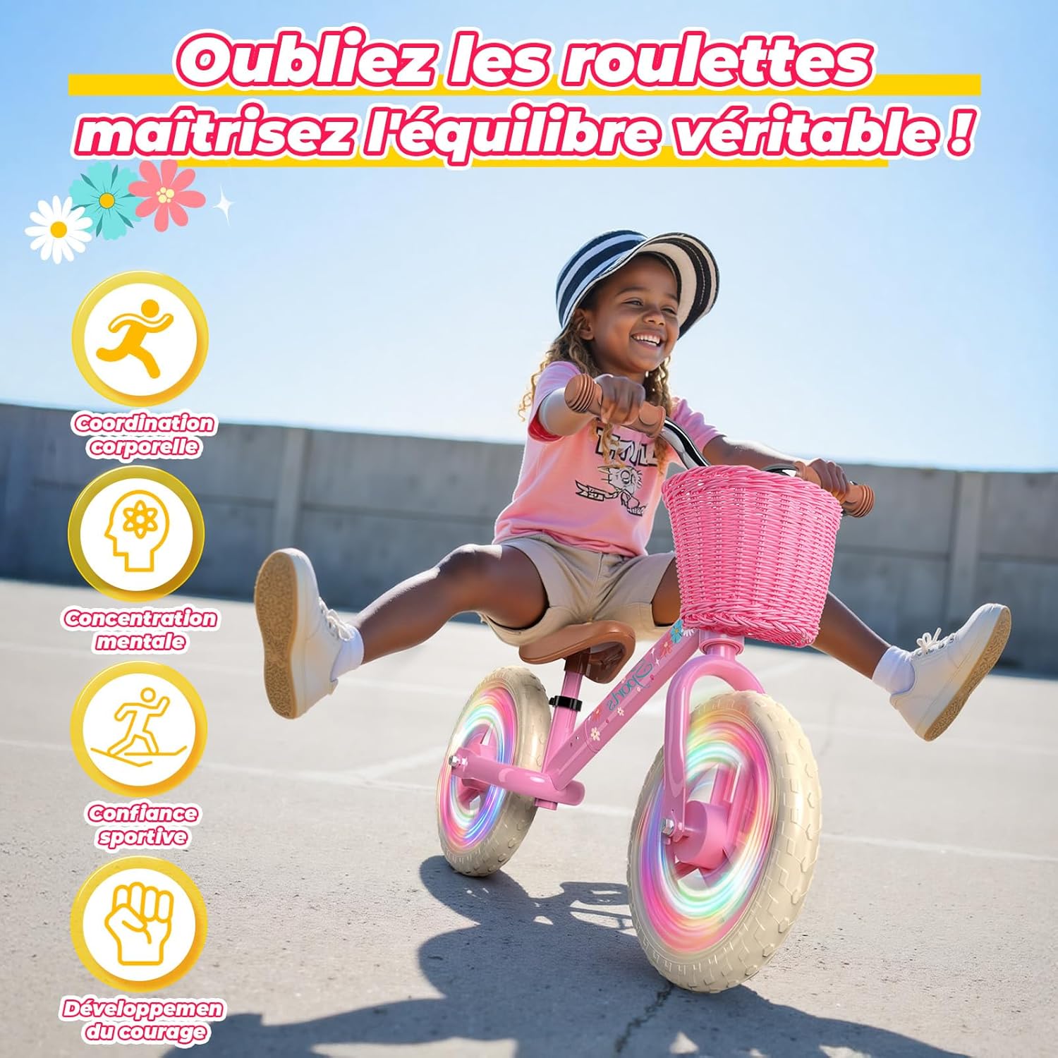 Detalle de HappyGoLucky draisienne évolutive 2 à 5 ans avec roues lumineuses, hauteur réglable et panier tressé