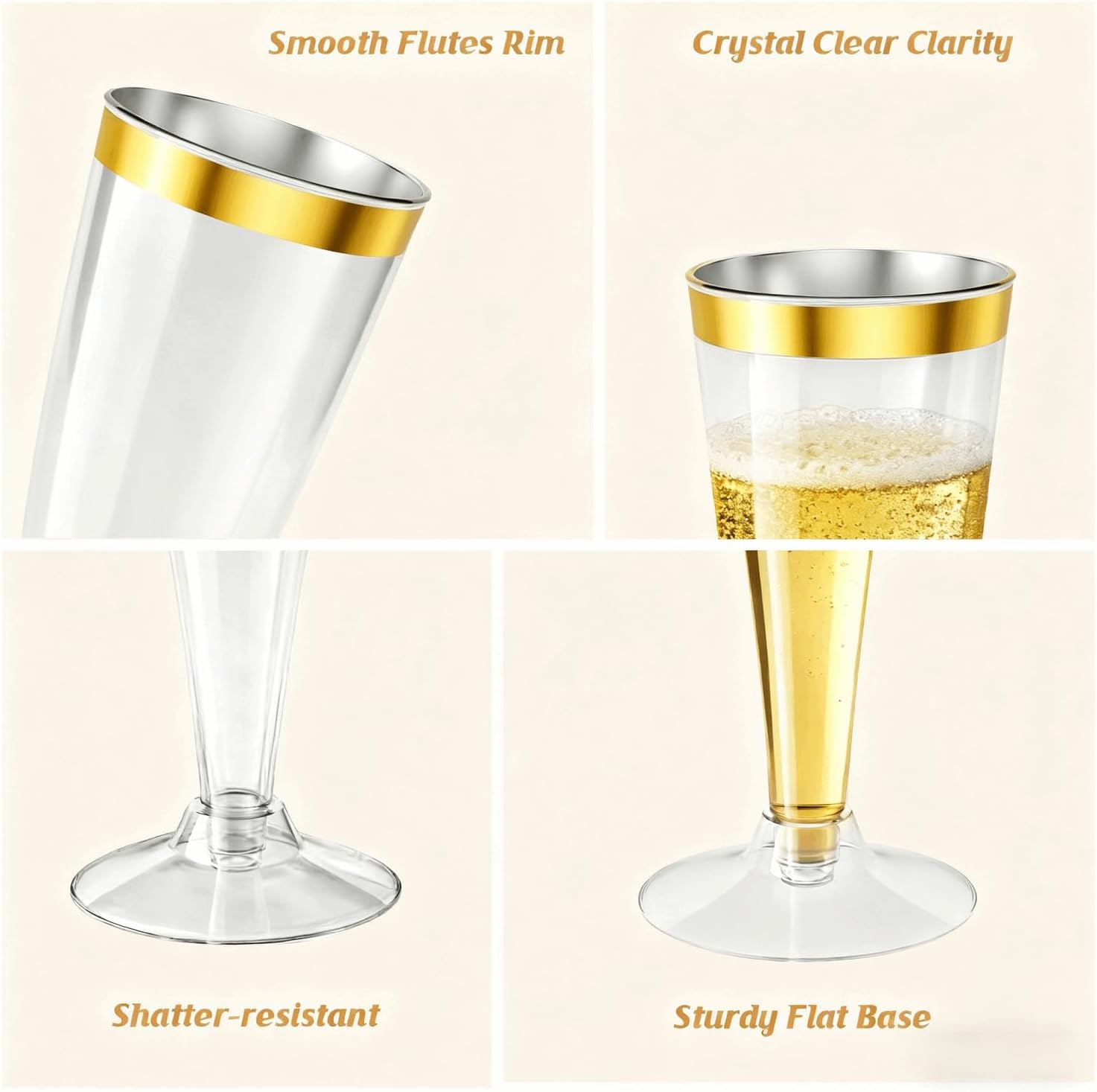 Thumbnail 6 de Torchero 100 Pack Champagne Flutes: Gold Rim, 4.5oz Disposable Plastic Glasses
