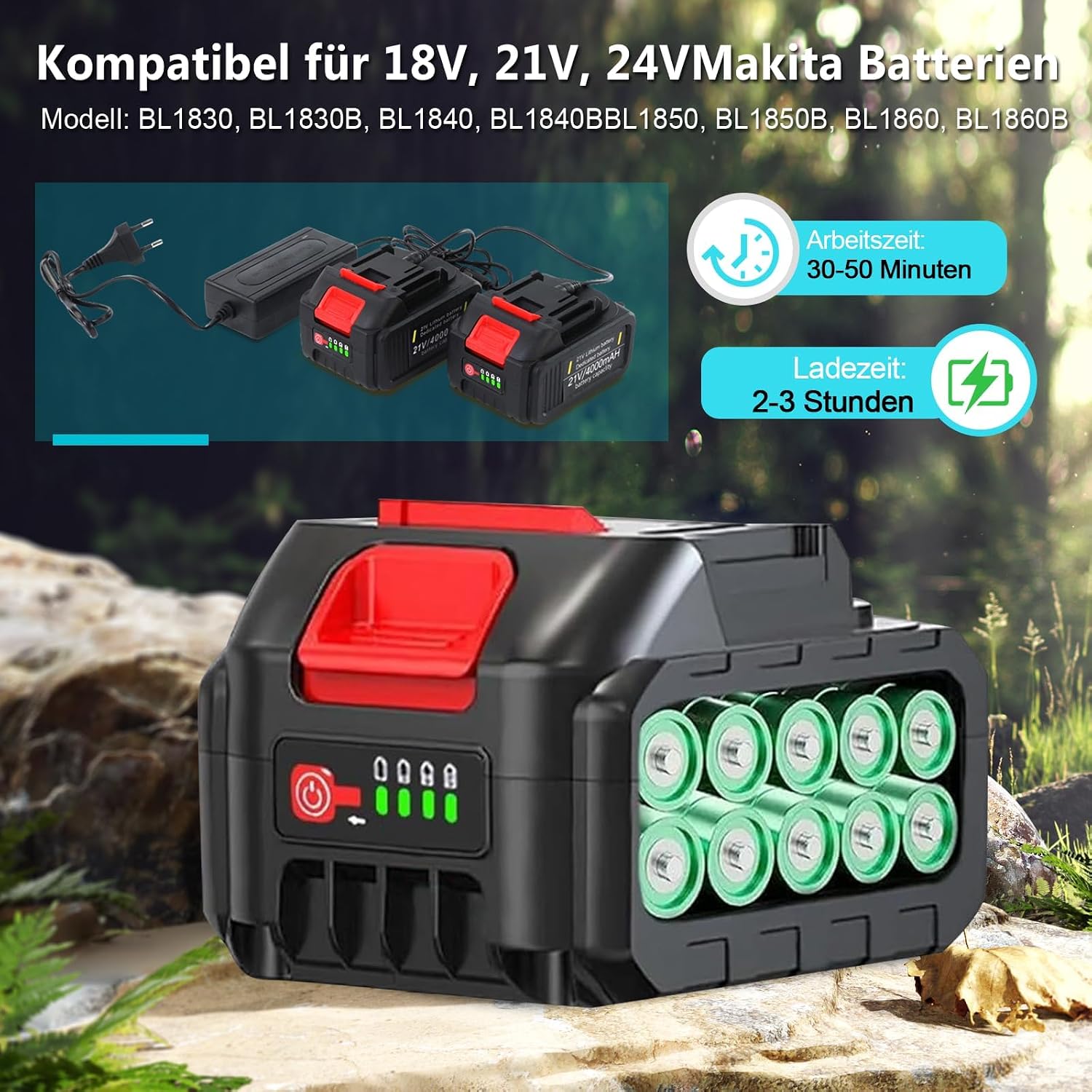 Detalle 2 de Rasentrimmer mit 21V Akku 2-in-1 (750W bürstenlos) inklusive 2x 4,0Ah Ladegerät und 6 Klingentypen