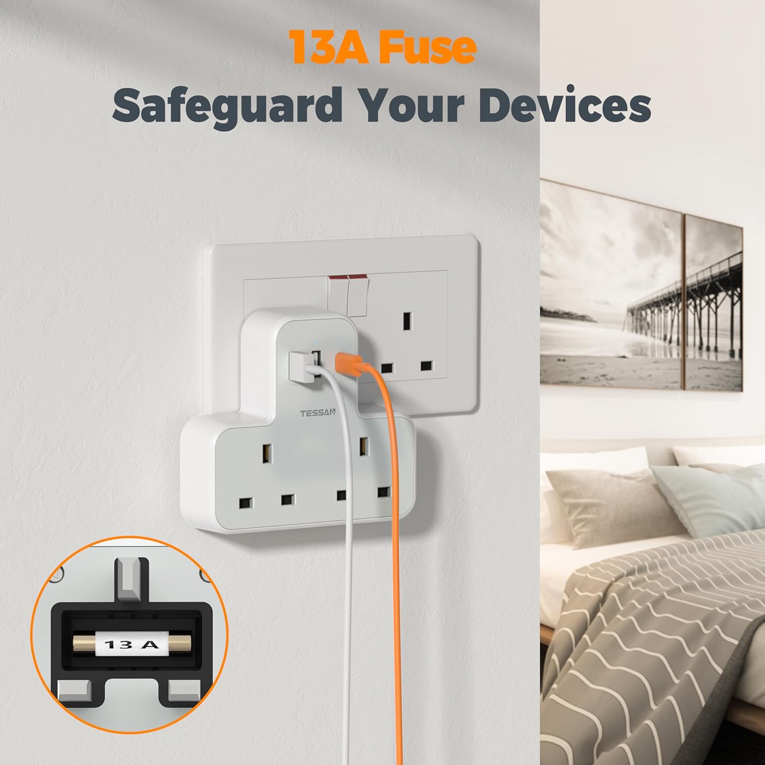 Thumbnail 5 de TESSAN Plug Adapter 3 USB Ports 2‑way 🪫