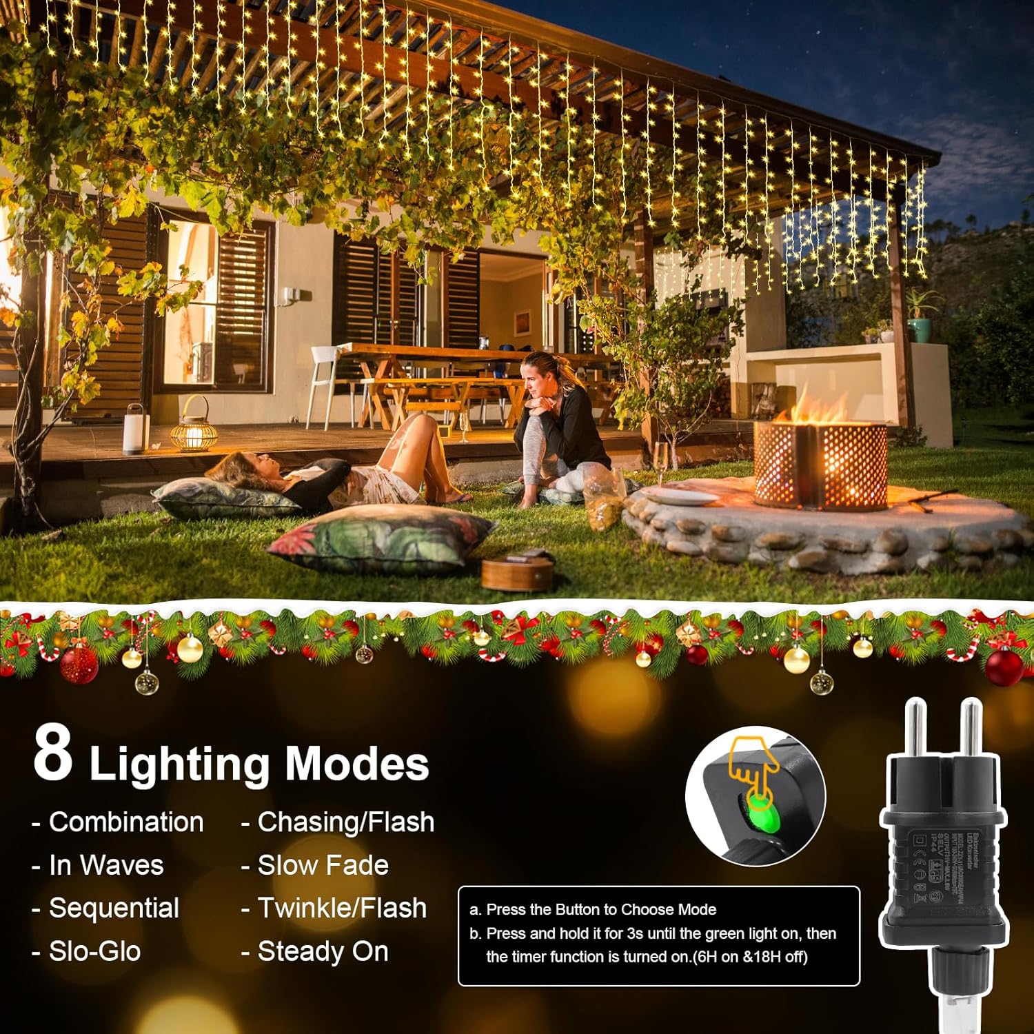 Thumbnail 6 de A.bigwhale Lichtervorhang Außen 4x1 m mit Eisregen-Effekt, 200 warmweiße LED, Timer & Memory