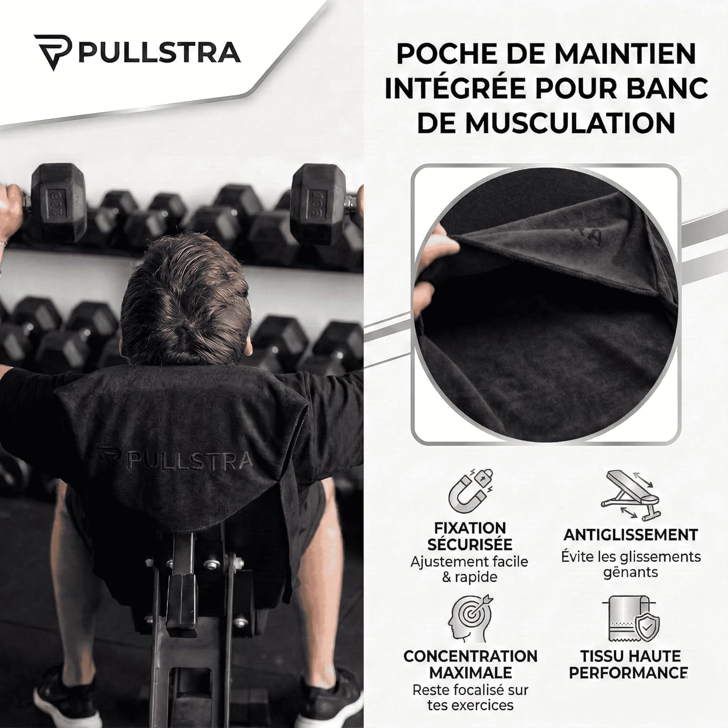 Thumbnail 1 de Pullstra Serviette Sport Musculation Microfibre 100x40 cm – Tapisserie absorbante avec poche pour banc de musculation