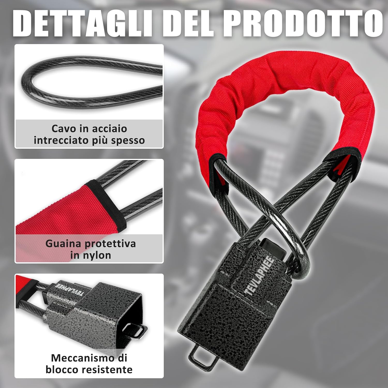 Detalle 2 de Tevlaphee Bloccasterzo per auto con testa in metallo, antifurto visibile e 3 chiavi (rosso)