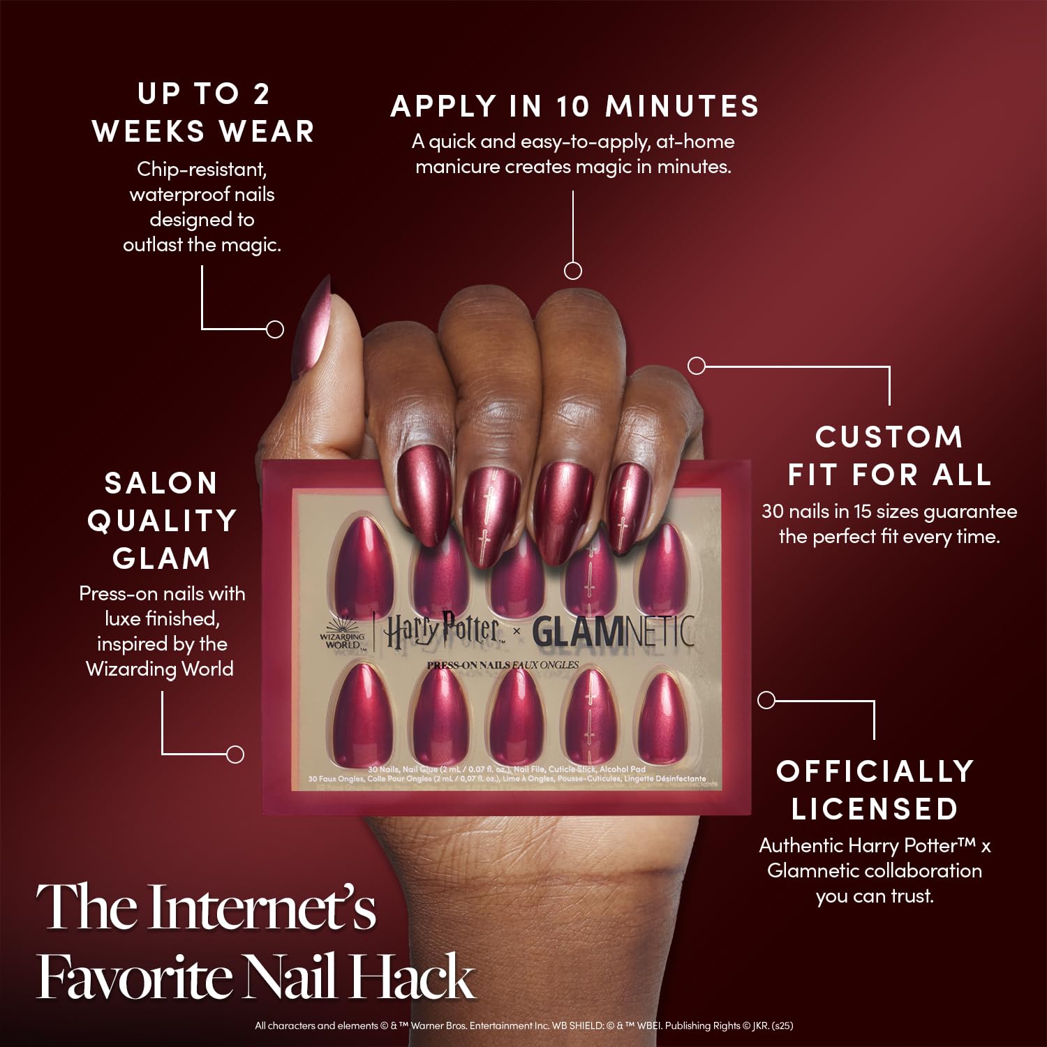 Detalle de Glamnetic x Harry Potter Gryffindor Press-On Nails, Short Almond, Scarlet Chrome
