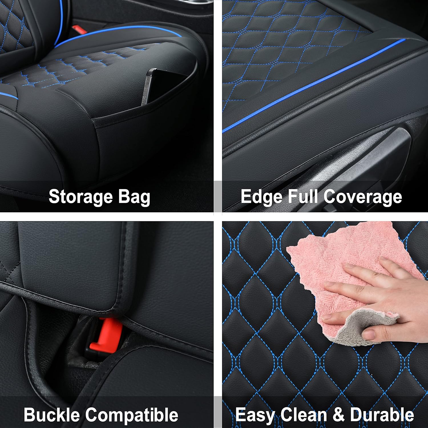 Detalle 2 de Vankerful Car Seat Covers Front Pair (Universal Fit) in Faux Leather – Black/Blue