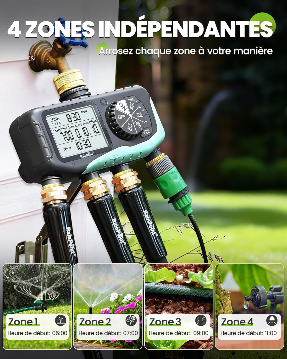 Detalle 2 de RAINPOINT Programmateur d’arrosage 4 voies — Laiton, IP65, minuterie indépendante avec retard de pluie