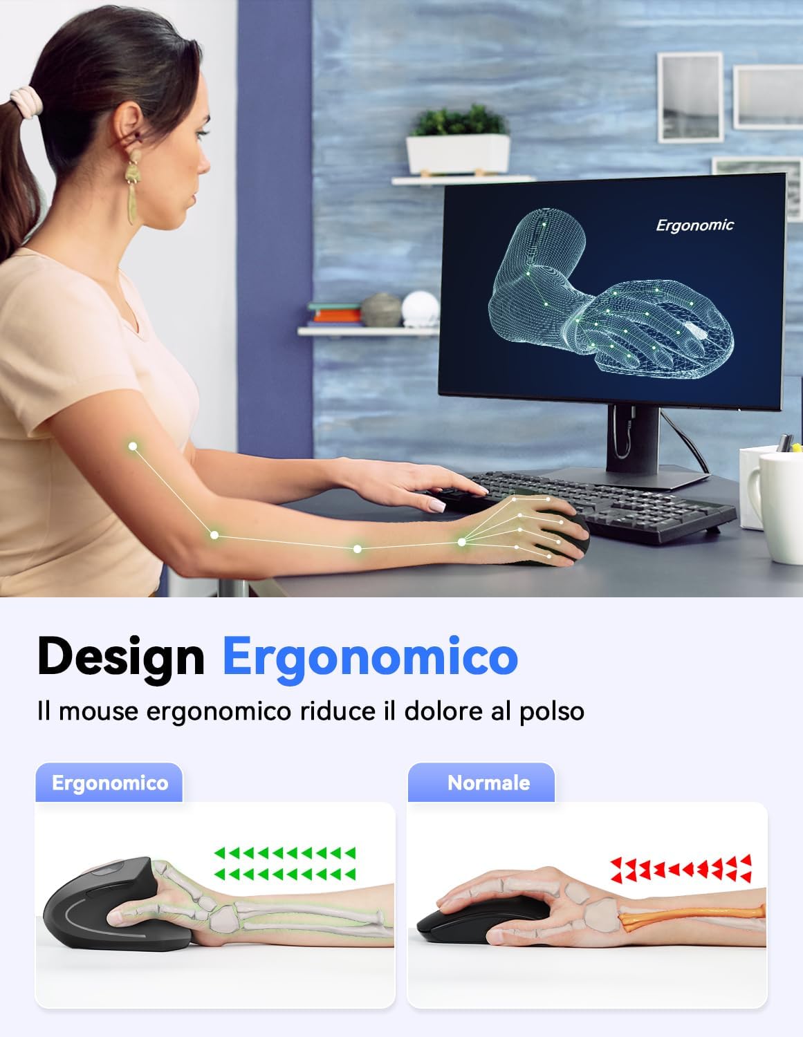 Detalle 2 de TECKNET Mouse Verticale: 4800 DPI, wireless, ergonomico e silenzioso per PC, Mac e Laptop