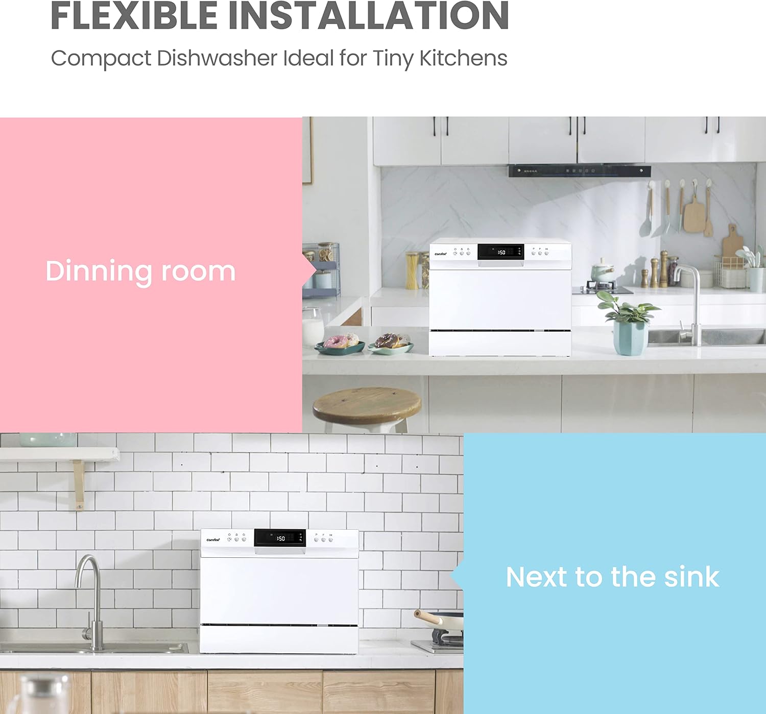 Detalle de COMFEE’ CDC22P2AWW Countertop Dishwasher, 6 Place Settings, 8 Wash Cycles