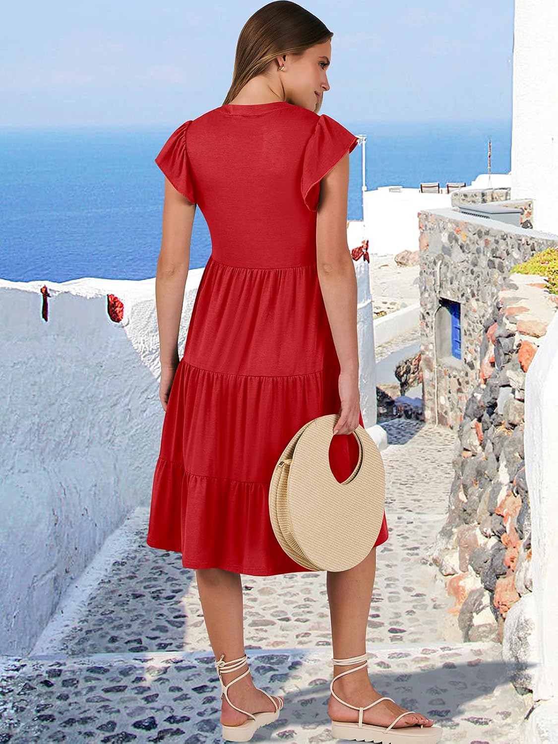 Detalle de ANRABESS Women's Summer Dress with Ruffle Sleeves and V-Neck Midi — Boho Casual Sundress