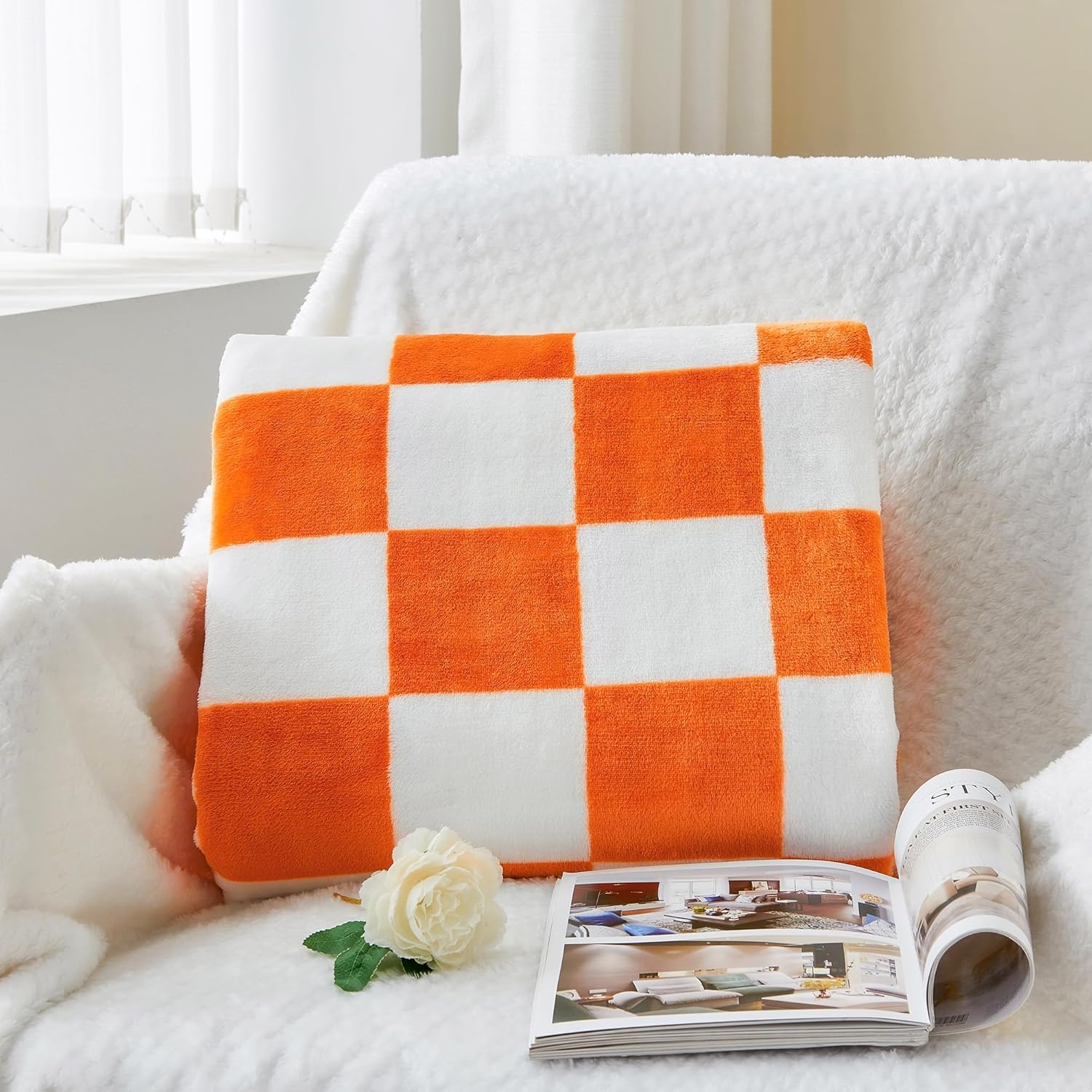 Detalle de BEDELITE Individual Checkered Throw Blanket for Sofa Bed, Cozy Fleece-Flannel Style, Orange Tennessee Checkered, 60 x