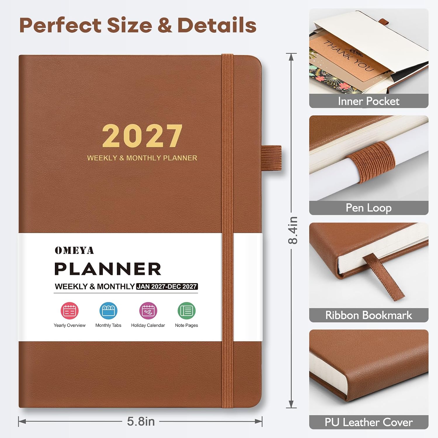 Detalle de OMEYA 2027 A5 Weekly and Monthly Planner, Brown Faux-Leather Hardcover