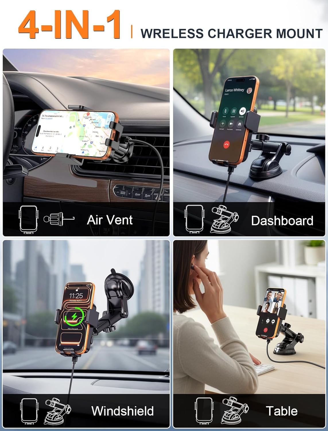Detalle 2 de MOKPR Car Phone Holder Wireless Charger (15W) with Auto-Clamping Arms, 360° Rotation