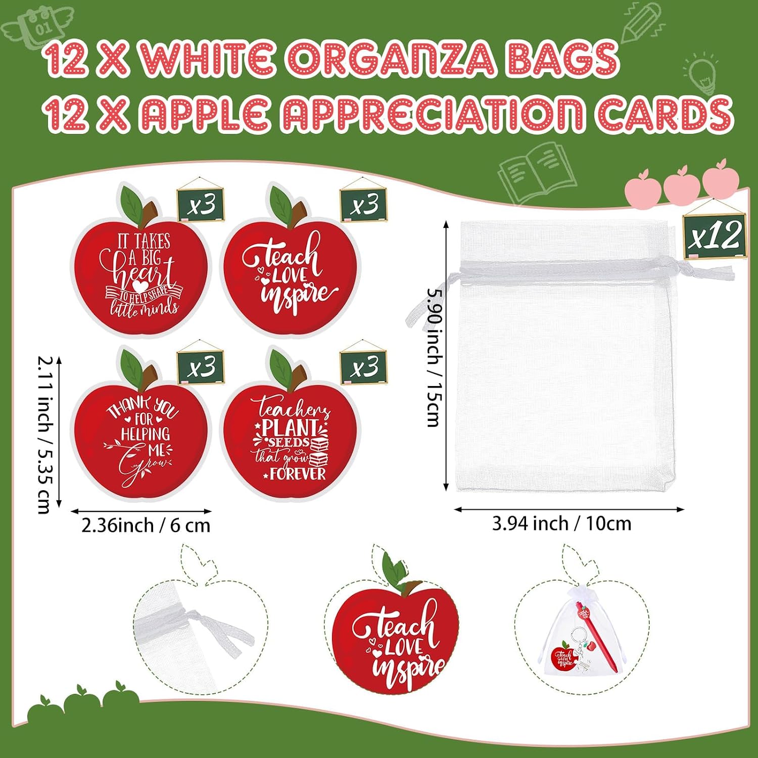 Thumbnail 6 de Johiux 12 Sets Thank You Gifts for Teachers: Apple Themed Keychains, Pens & Cards in Organza Bags