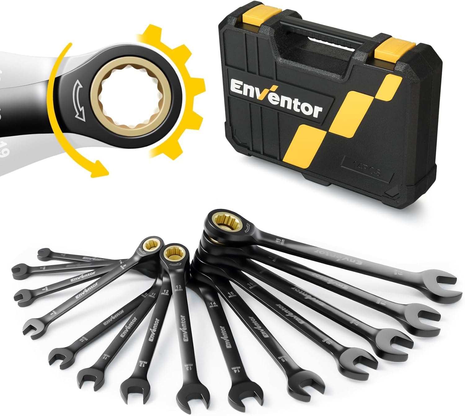 Enventor 14PCS Ratchet Spanner Set (Metric) 6–19mm with Carry Case
