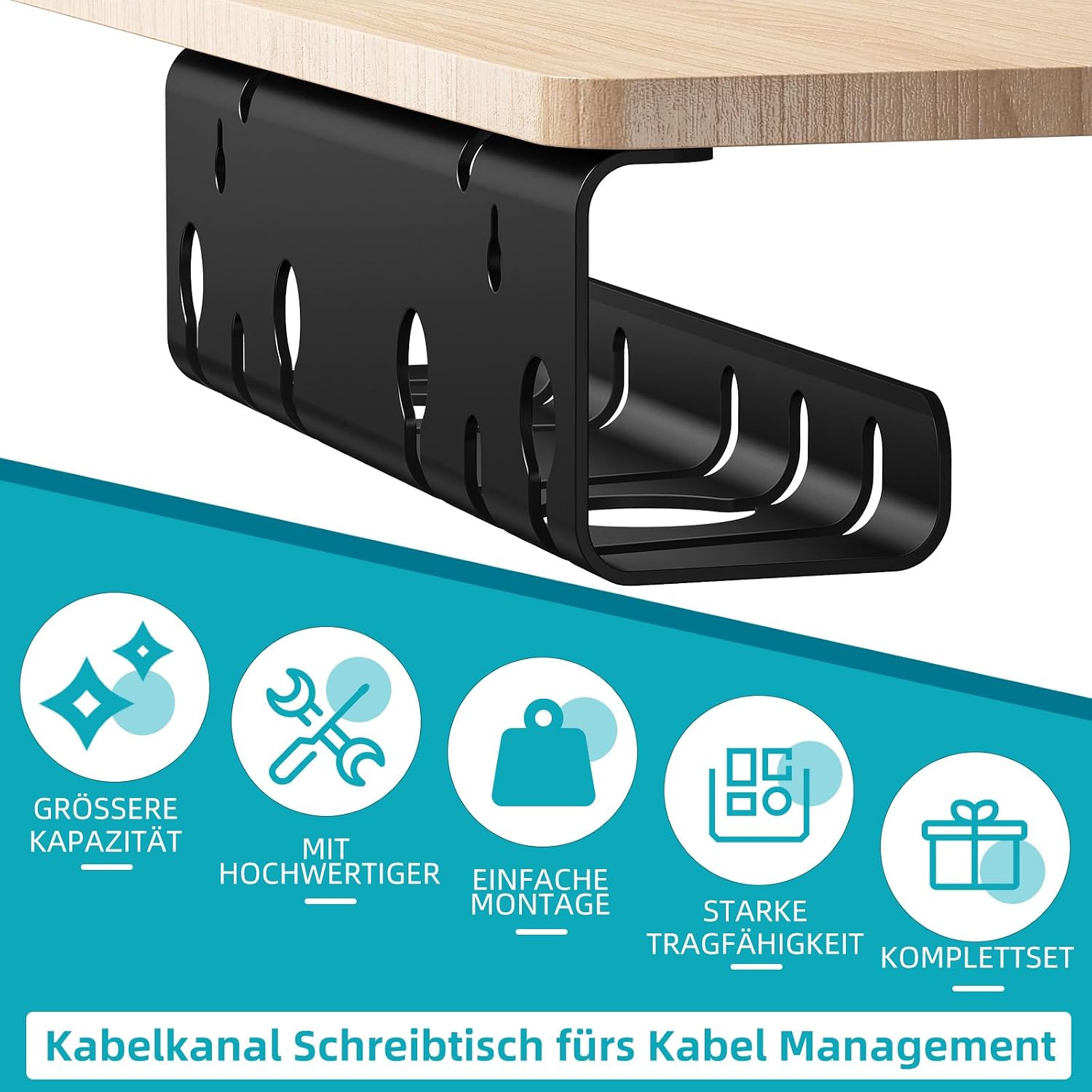 Detalle 2 de StowBin Canalina per cavi da scrivania – set da 2, organizer in acciaio inox con accessori, gestione cavi nera