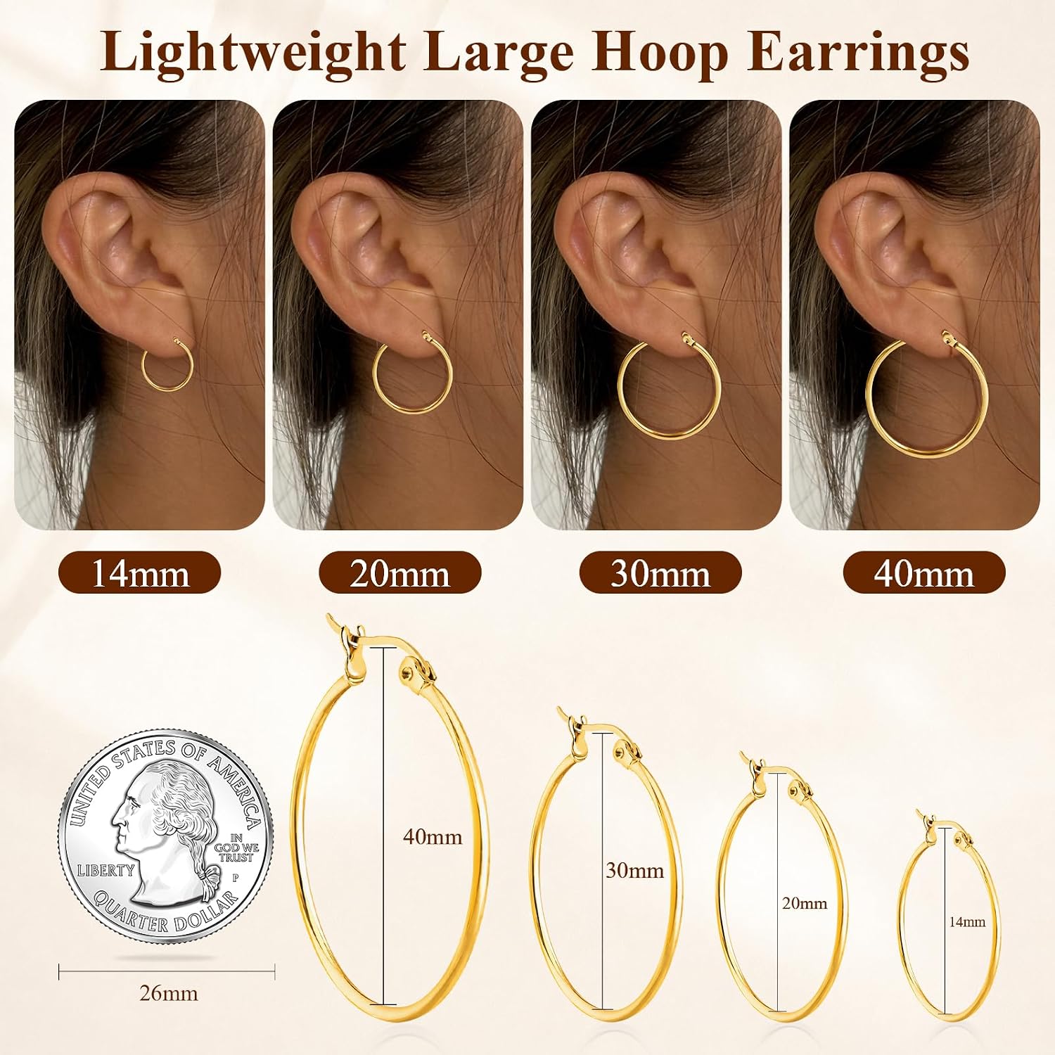 Detalle de Sweetkiki 4 Pairs Gold Hoop Earrings for Women – Hypoallergenic 316L Stainless Steel, Large Hollow Hoops in 14/20/30/40mm