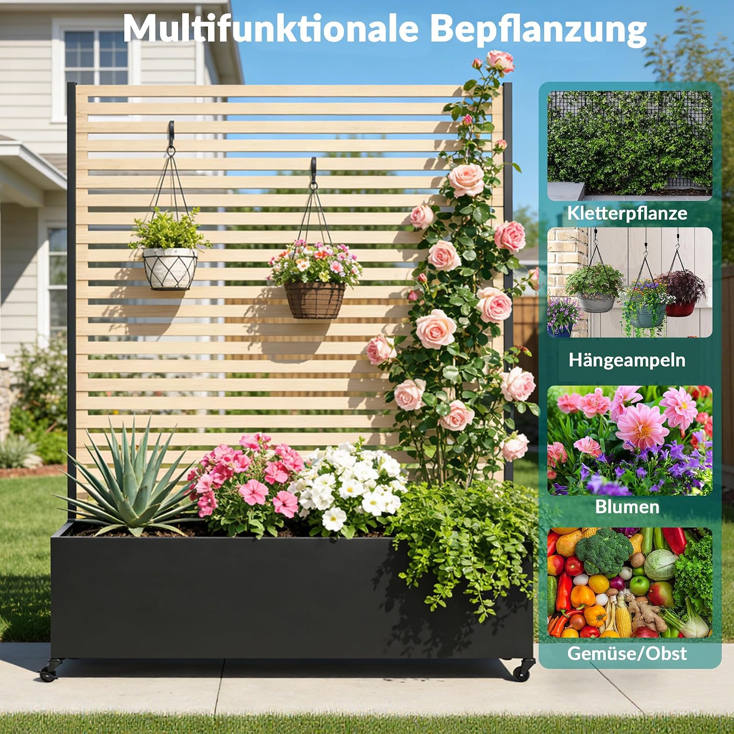 Detalle de Pflanzkasten aus Metall mit Spalier – Hochbeet mit Rädern, wetterfest, freistehender Sichtschutz für Balkon, Terrasse oder Garten