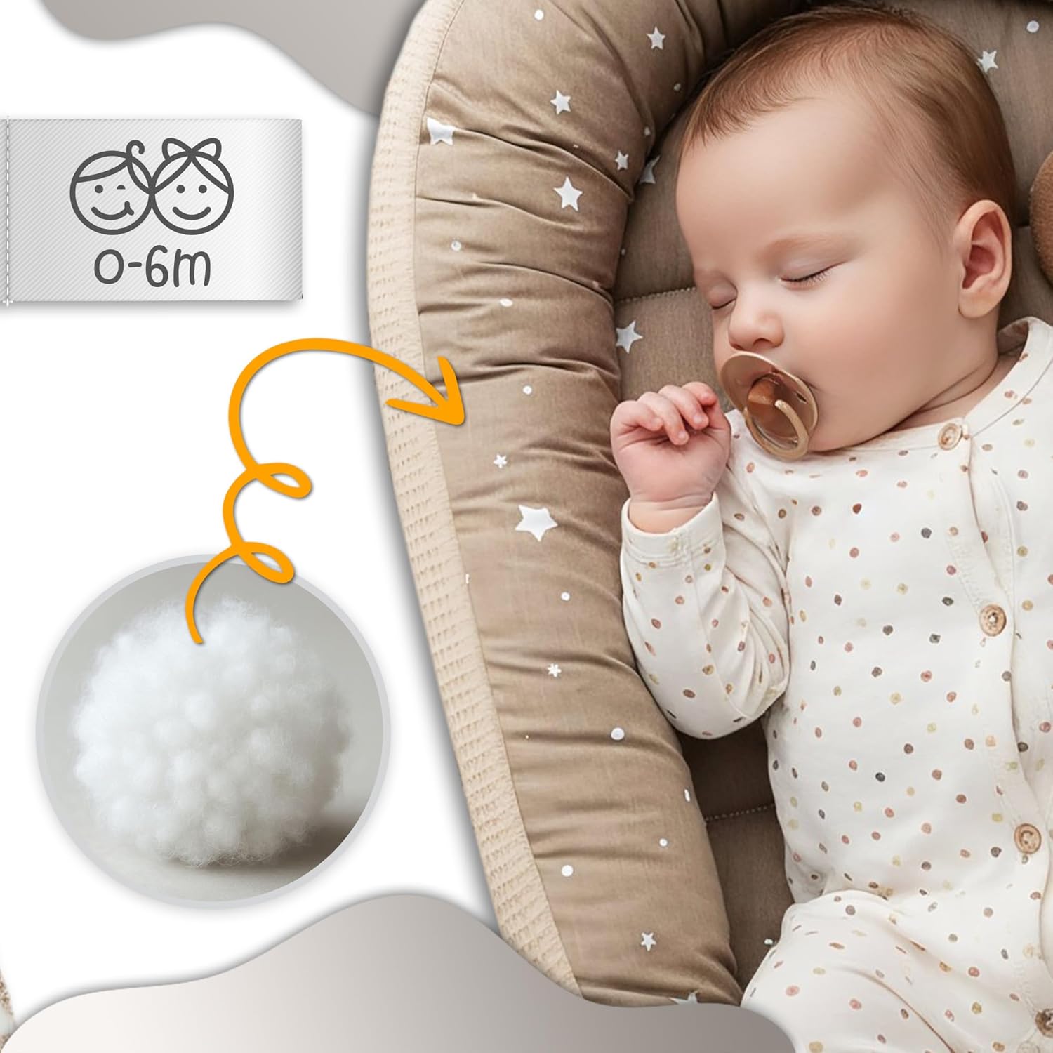 Thumbnail 2 de Riduttore lettino neonato 50x90 cm baby nest antisoffoco Beige con stelle bianche