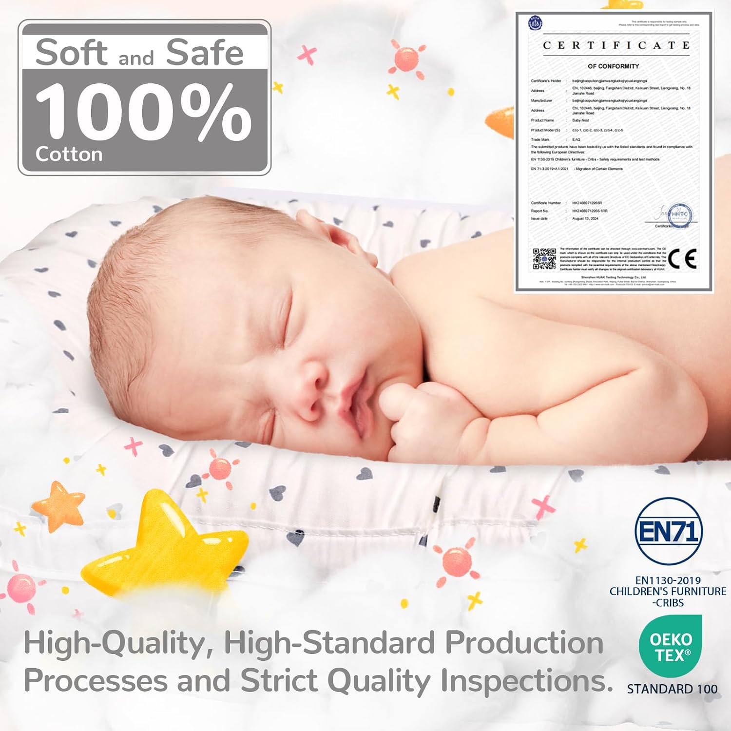 Thumbnail 2 de EAQ Baby Lounger Baby Nest for Co-Sleeping (0–12 months) in 100% cotton – White/Grey