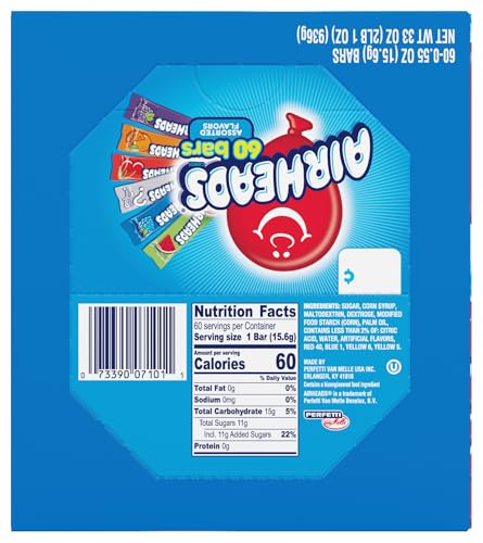 Detalle de Airheads Full-Size Candy Bars, Assorted Taffy Variety Pack, 60 Count Box