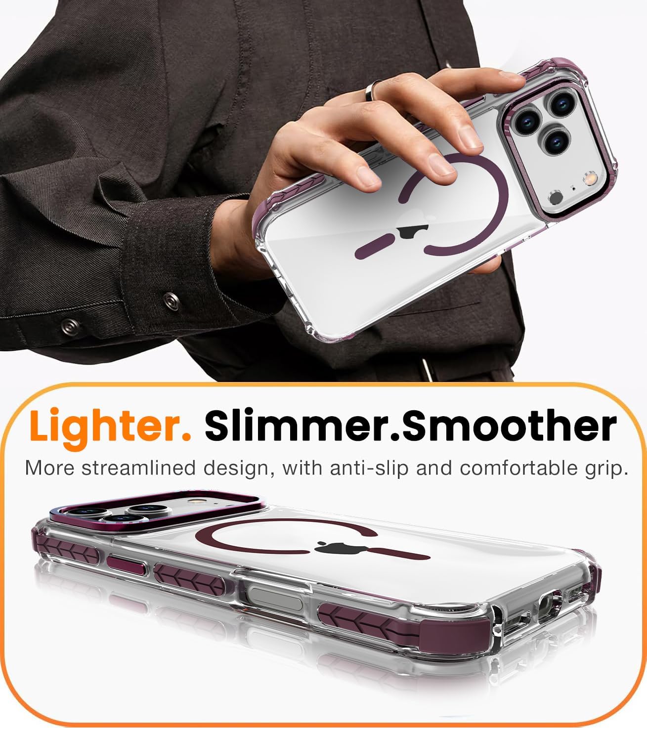 Thumbnail 6 de DEERLAMN Clear & Burgundy Case for iPhone 17/18 Pro Max, MagSafe Compatible