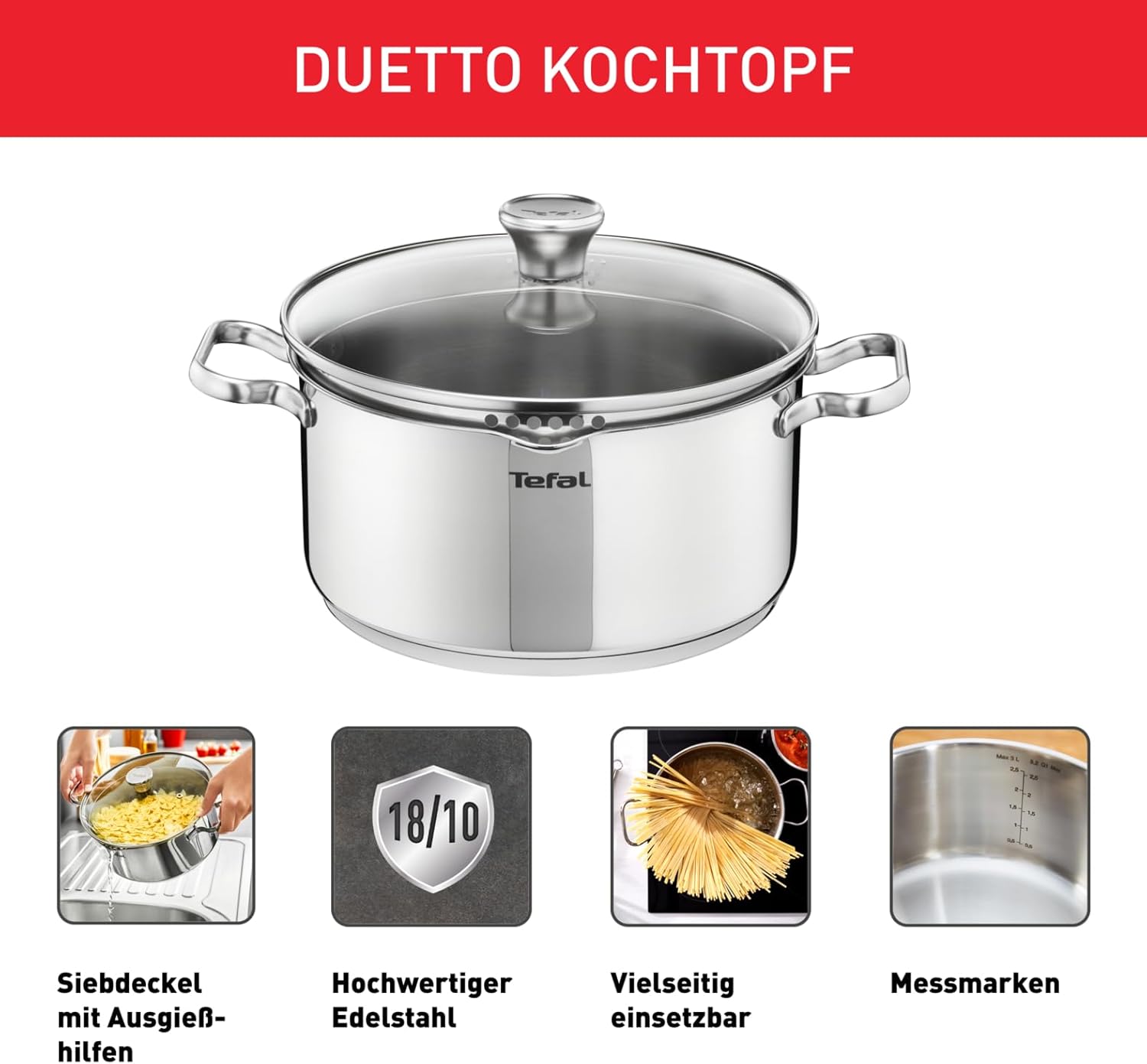 Detalle 2 de Tefal Duetto A70542 Kochtopf 20 cm – robust, induktionsgeeignet, mit Ausgießdeckel