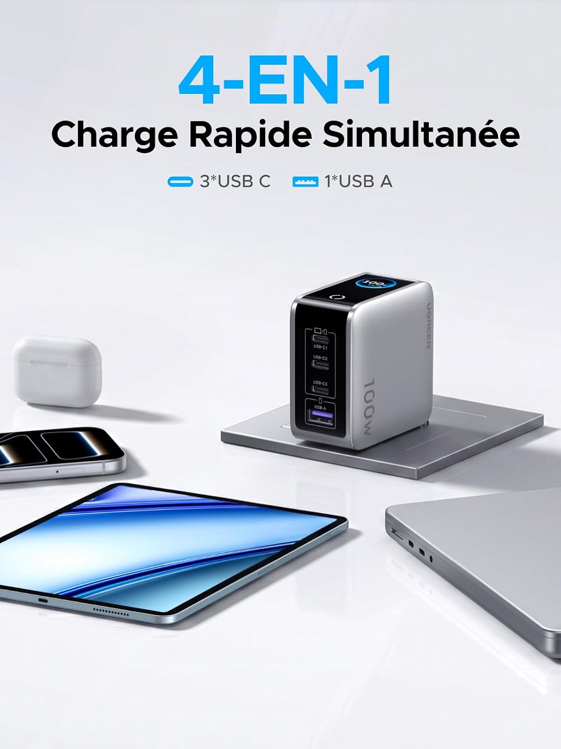 Thumbnail 4 de UGREEN Nexode Pro 100W: Chargeur USB-C 4 Ports avec Écran Intelligent, GaNInfinity II