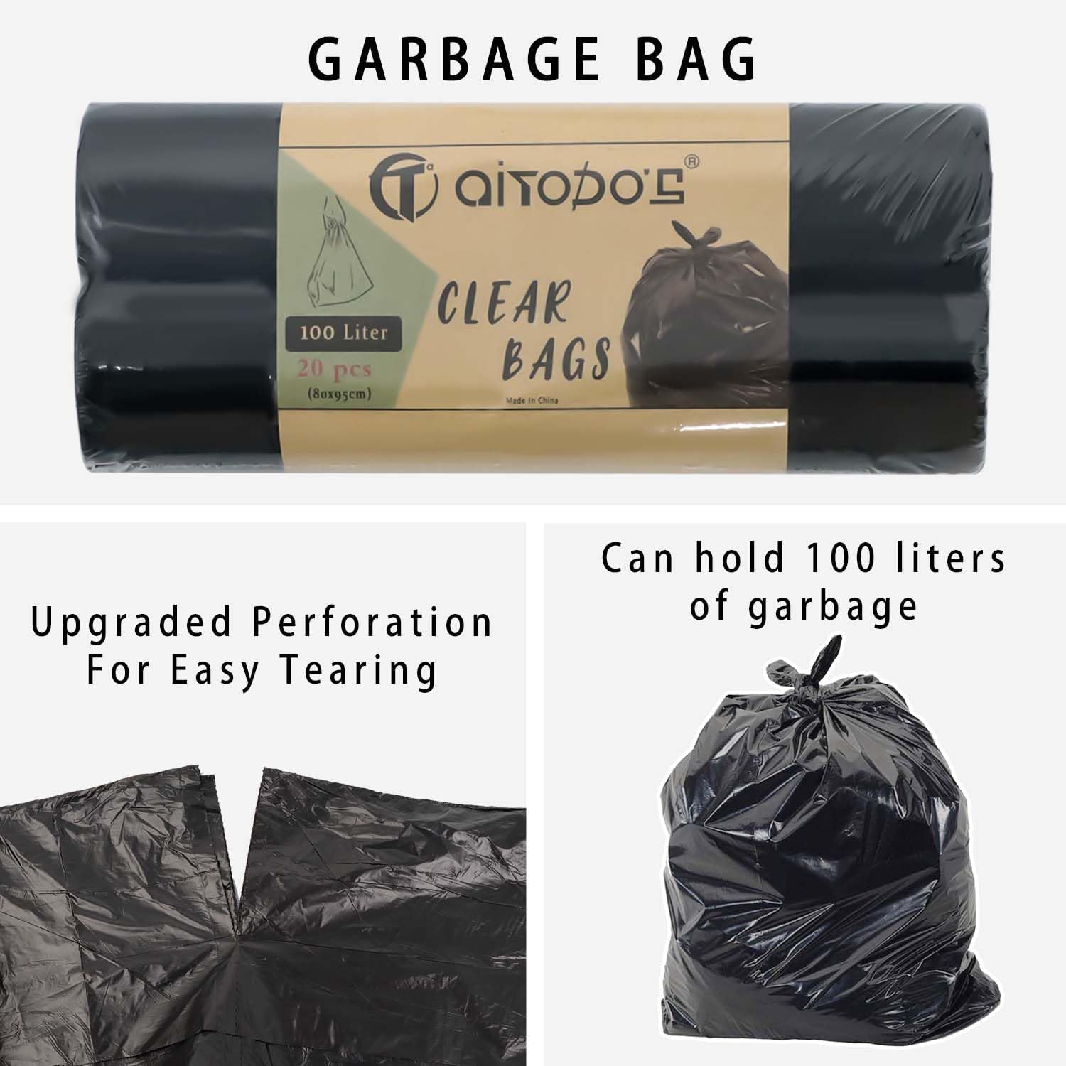 Detalle 1 de AITODOS TA 100L Drawstring Bin Bags, 95 x 80 cm, Black, 20 Pack