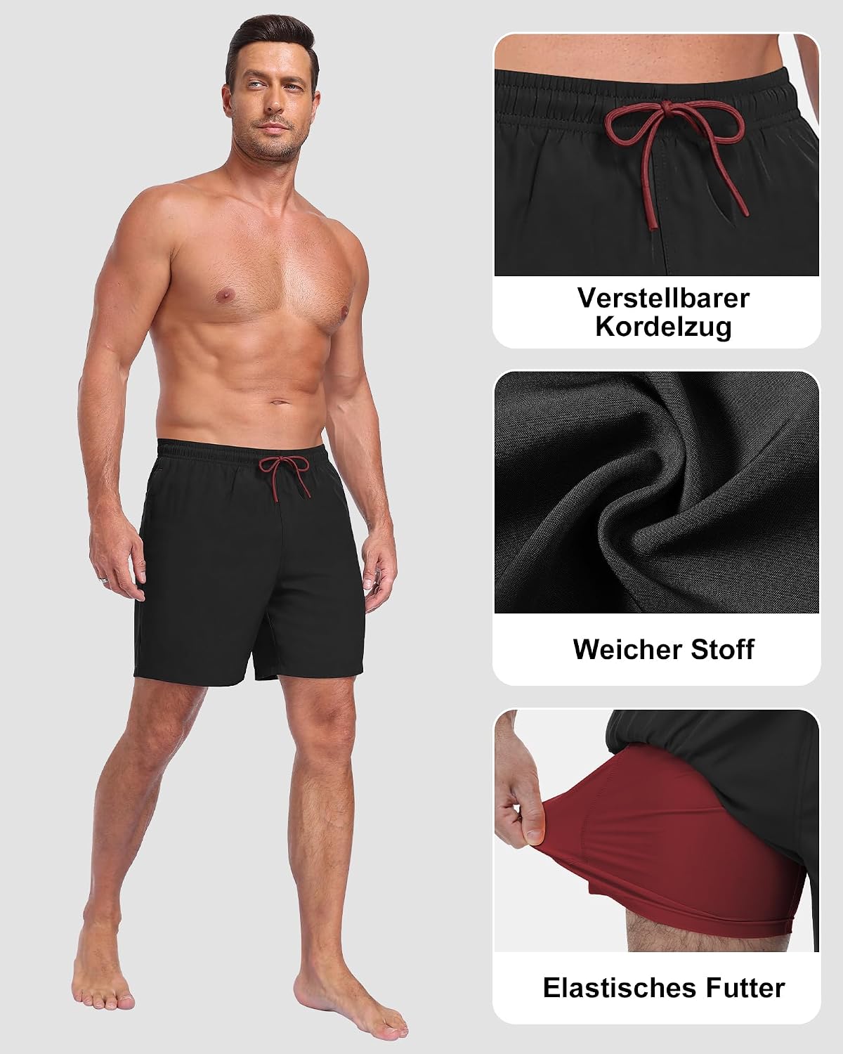 Detalle de Zzkouine 2-in-1 Badehose für Herren – leichte, schnelle Trocknung mit integrierter Innenhose und praktischen Taschen
