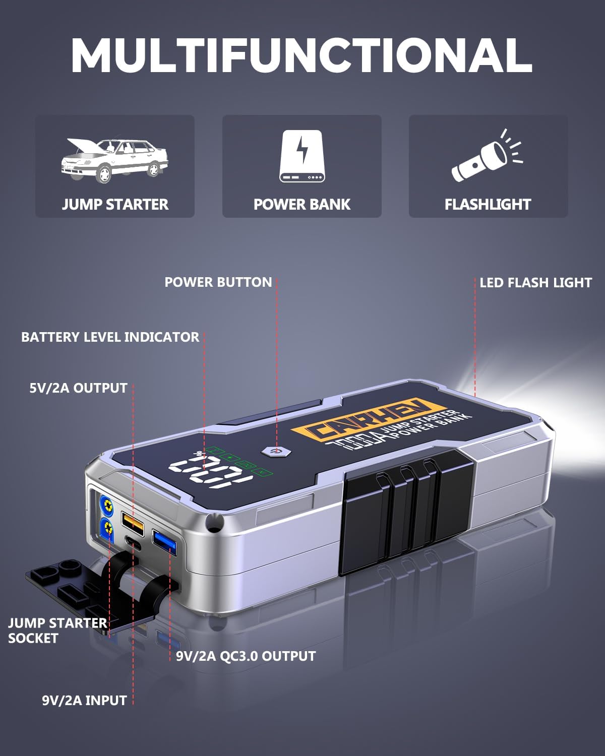 Detalle de CARHEV 7000A Jump Starter Power Pack: 12V Battery Booster with USB Power Bank