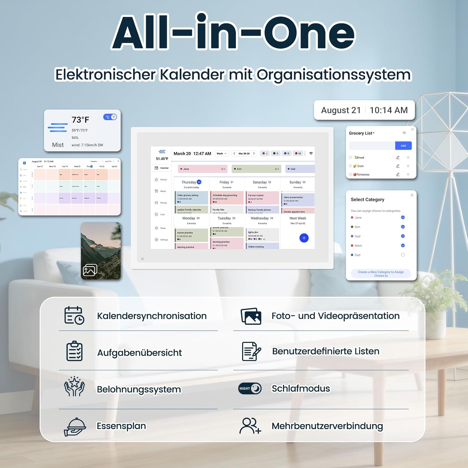Detalle de Ekasoco 10,1-Zoll digitaler Kalender mit Touchscreen (32 GB, WiFi) für Familie & Zuhause