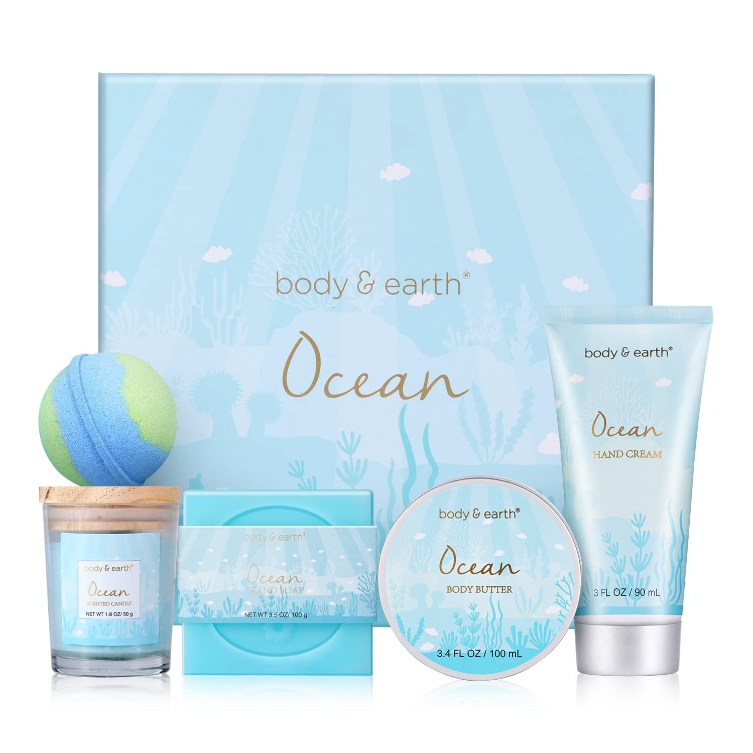 BODY & EARTH Geschenkbox für Frauen „Ocean Scent“ (5-teilig) mit Duftkerze, Körperbutter, Handcreme & mehr