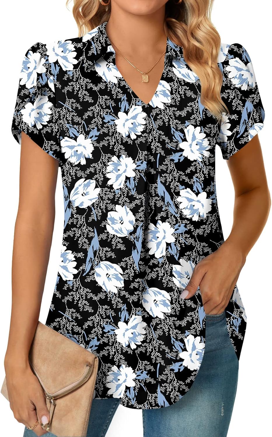 Detalle de Aodemo Women Summer Dressy Chiffon Collared V-Neck Pleated Short Sleeve Blouse