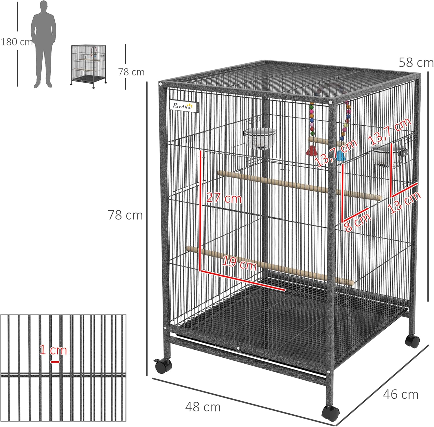 Thumbnail 6 de PawHut Cage à Oiseau sur Pied – Volière 48 x 46 x 78 cm en Acier Noir, avec balançoire et perchoirs