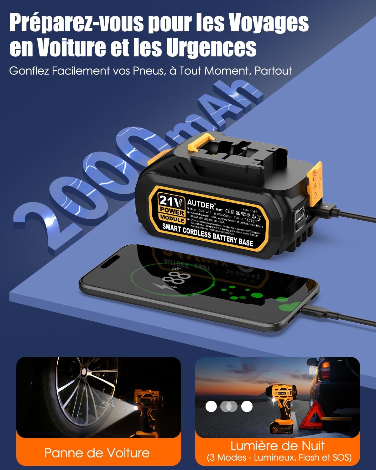 Thumbnail 4 de AUTDER Compresseur à Air Portatif — Gonfleur sans fil 21V/12V, 180 PSI, 4 embouts