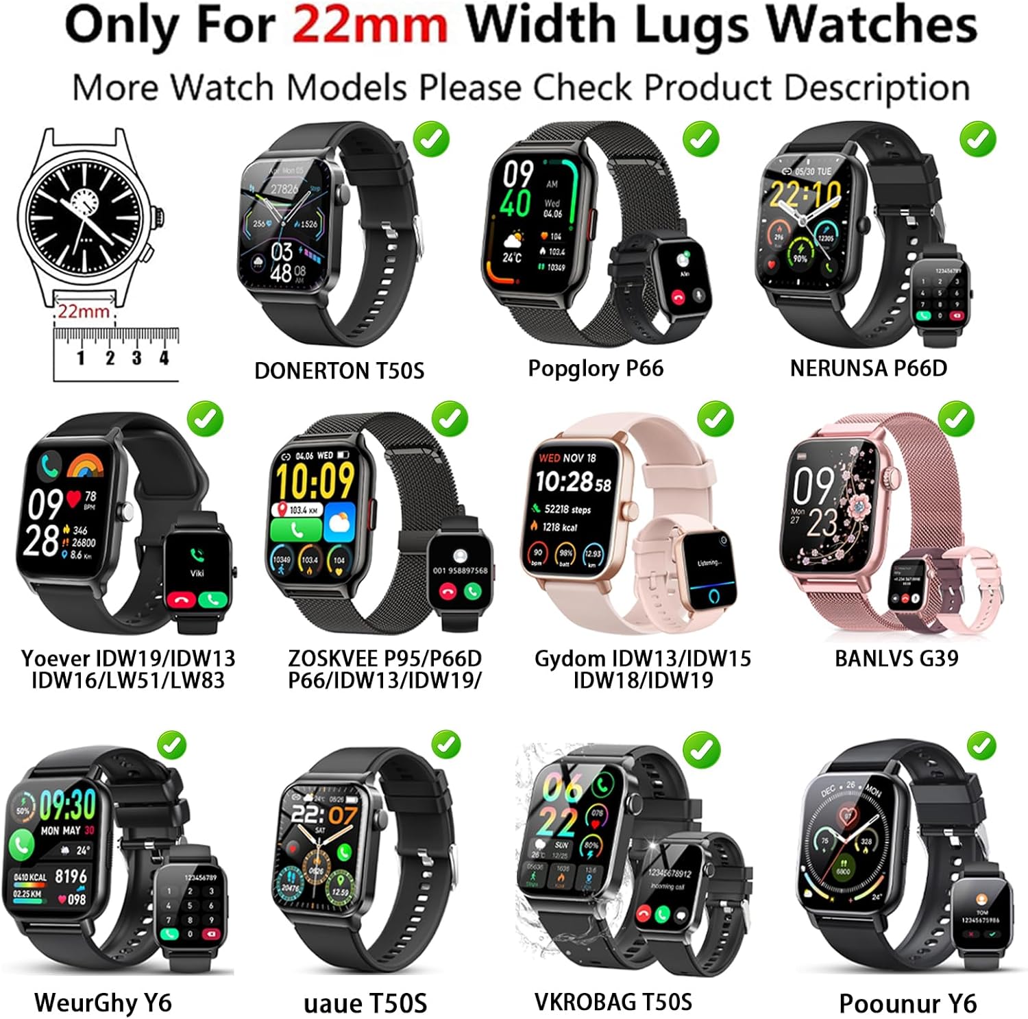 Thumbnail 1 de SUGARJAR Silicone Straps for Nerunsa P66D, 22mm – Resistant braided silicone band for 22mm watches